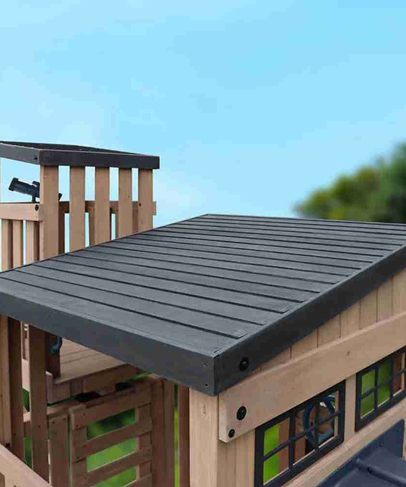 Gorilla Skyline Lookout Wooden Swing Set with Dual Slides, Climbing Wall, Fort, Swings and Trapeze, Outdoor Playset for Kids Ages 3 to 11