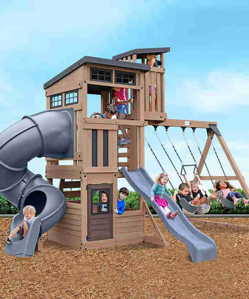 Gorilla Skyline Lookout Wooden Swing Set with Dual Slides, Climbing Wall, Fort, Swings and Trapeze, Outdoor Playset for Kids Ages 3 to 11