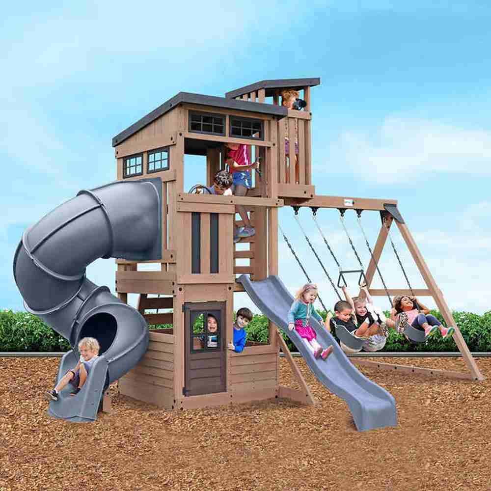 Gorilla Skyline Lookout Wooden Swing Set with Dual Slides, Climbing Wall, Fort, Swings and Trapeze, Outdoor Playset for Kids Ages 3 to 11