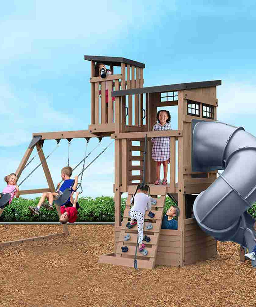 Gorilla Skyline Lookout Wooden Swing Set with Dual Slides, Climbing Wall, Fort, Swings and Trapeze, Outdoor Playset for Kids Ages 3 to 11