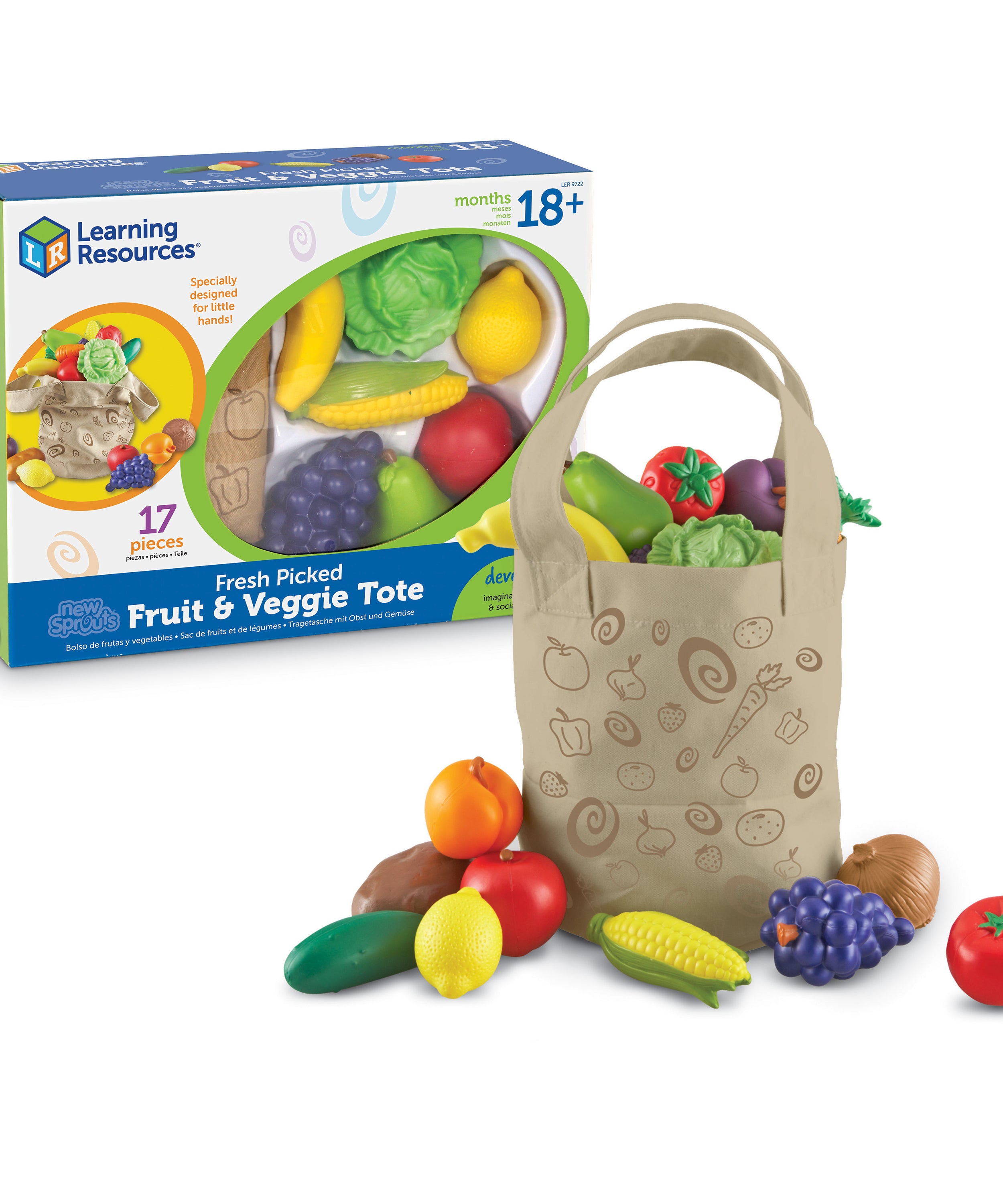 Learning Resources New Sprouts Fruit and Veg Tote, 20 Piece Pretend Food Set for Toddlers, Soft Touch Play Food for Role Play and Healthy Eating, Ages 2+