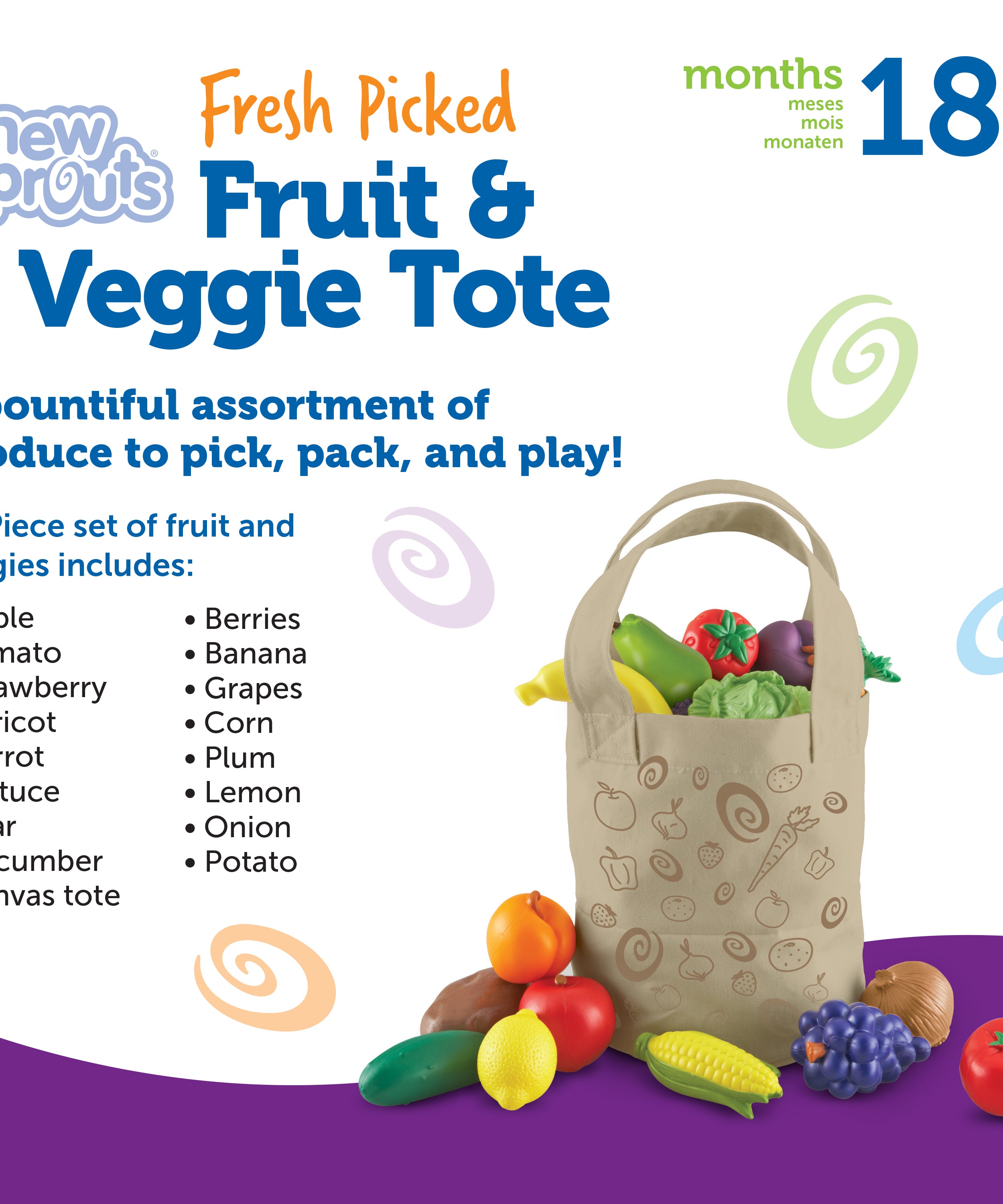 Learning Resources New Sprouts Fruit and Veg Tote, 20 Piece Pretend Food Set for Toddlers, Soft Touch Play Food for Role Play and Healthy Eating, Ages 2+