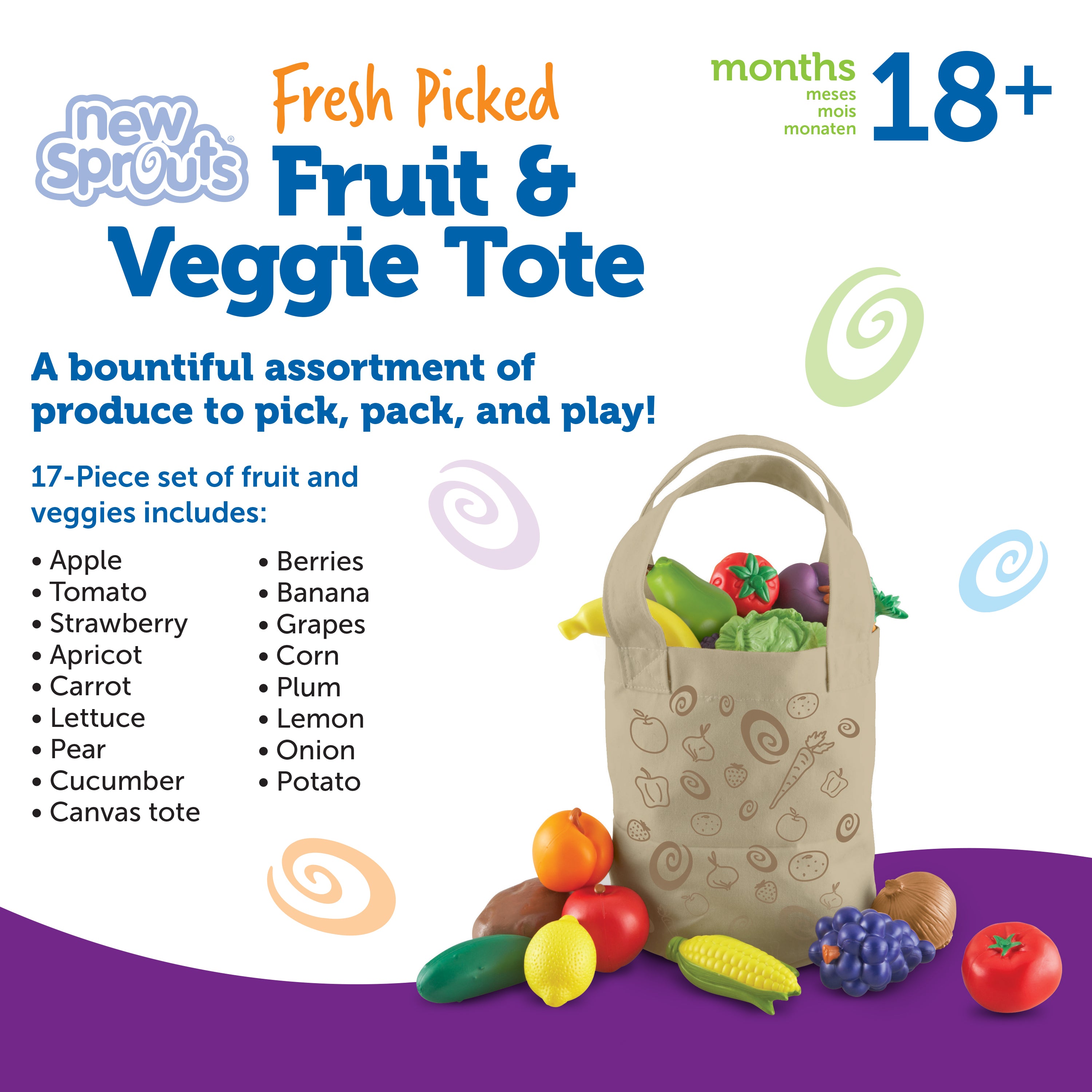 Learning Resources New Sprouts Fruit and Veg Tote, 20 Piece Pretend Food Set for Toddlers, Soft Touch Play Food for Role Play and Healthy Eating, Ages 2+