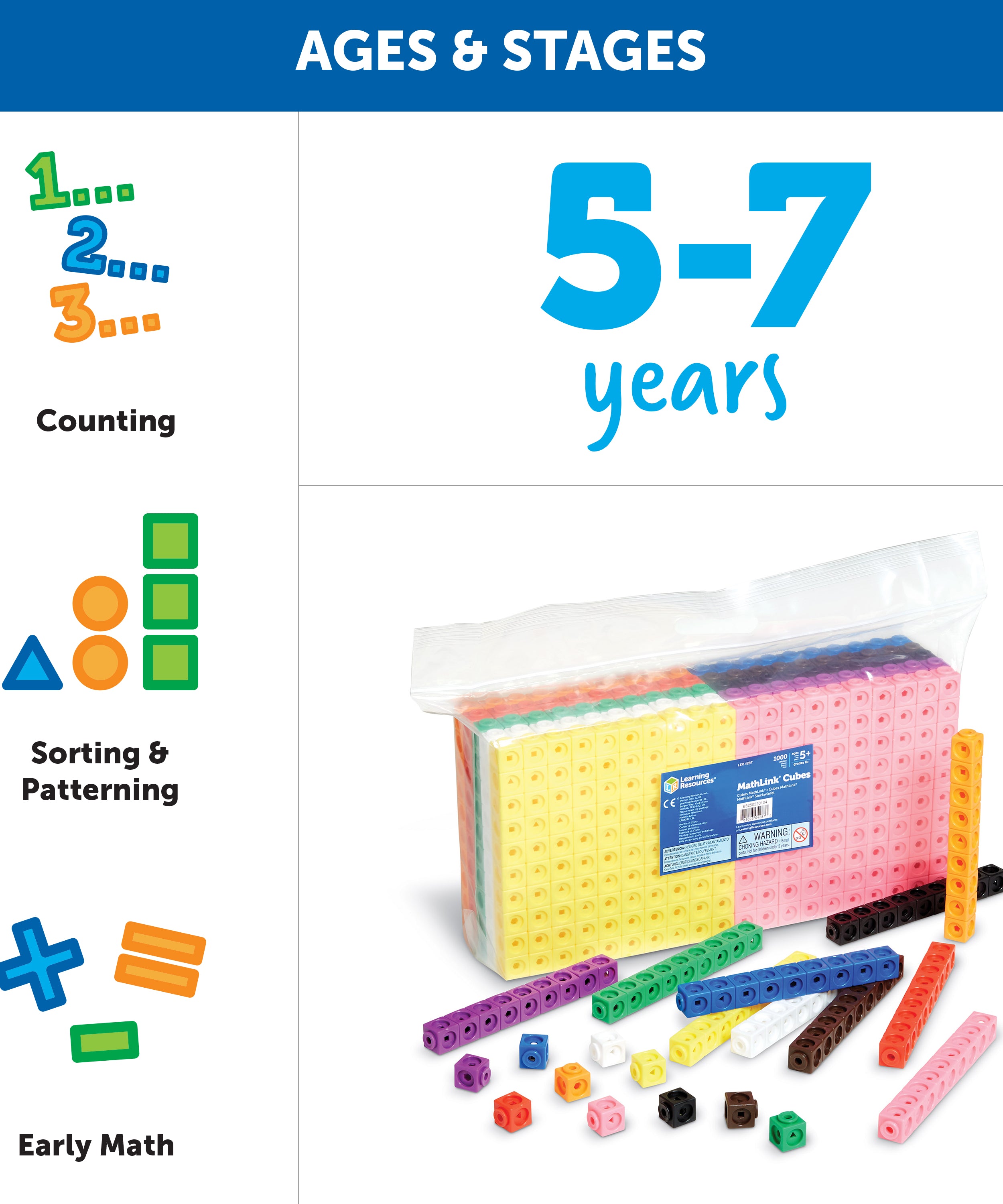 مجموعة مكعبات MathLink من Learning Resources، مكونة من 1000 مكعب، تمارين عملية في الرياضيات، تنمية المهارات الحركية الدقيقة، 10 ألوان، مثالية للعد والتجميع والأنماط، للأعمار من 5 سنوات فما فوق، تتضمن دليل الأنشطة