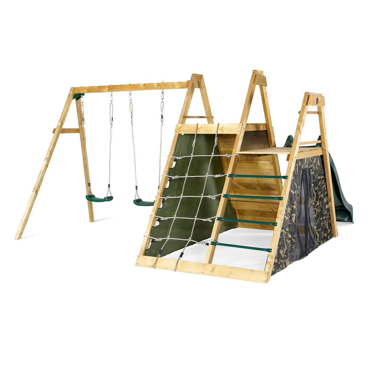 Plum Climbing Pyramid Wooden Playcentre, Slide and Double Swings, FSC® Timber Outdoor Climbing Frame, Backyard Adventure Play Set, Ages 3+