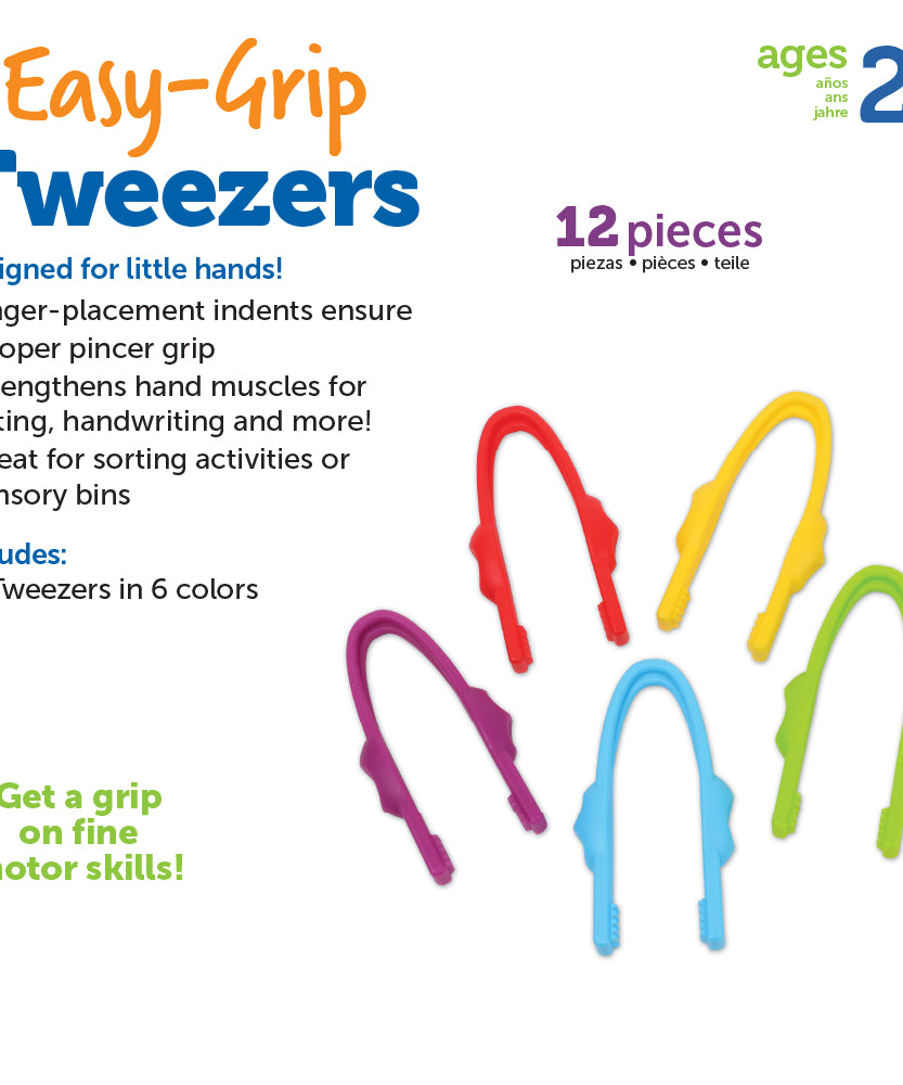 Learning Resources Easy-Grip Tweezers for Kids, Fine Motor Skill Development Tools for Preschool and Sensory Play, Set of 12 with Storage Tub, Ages 2 Plus