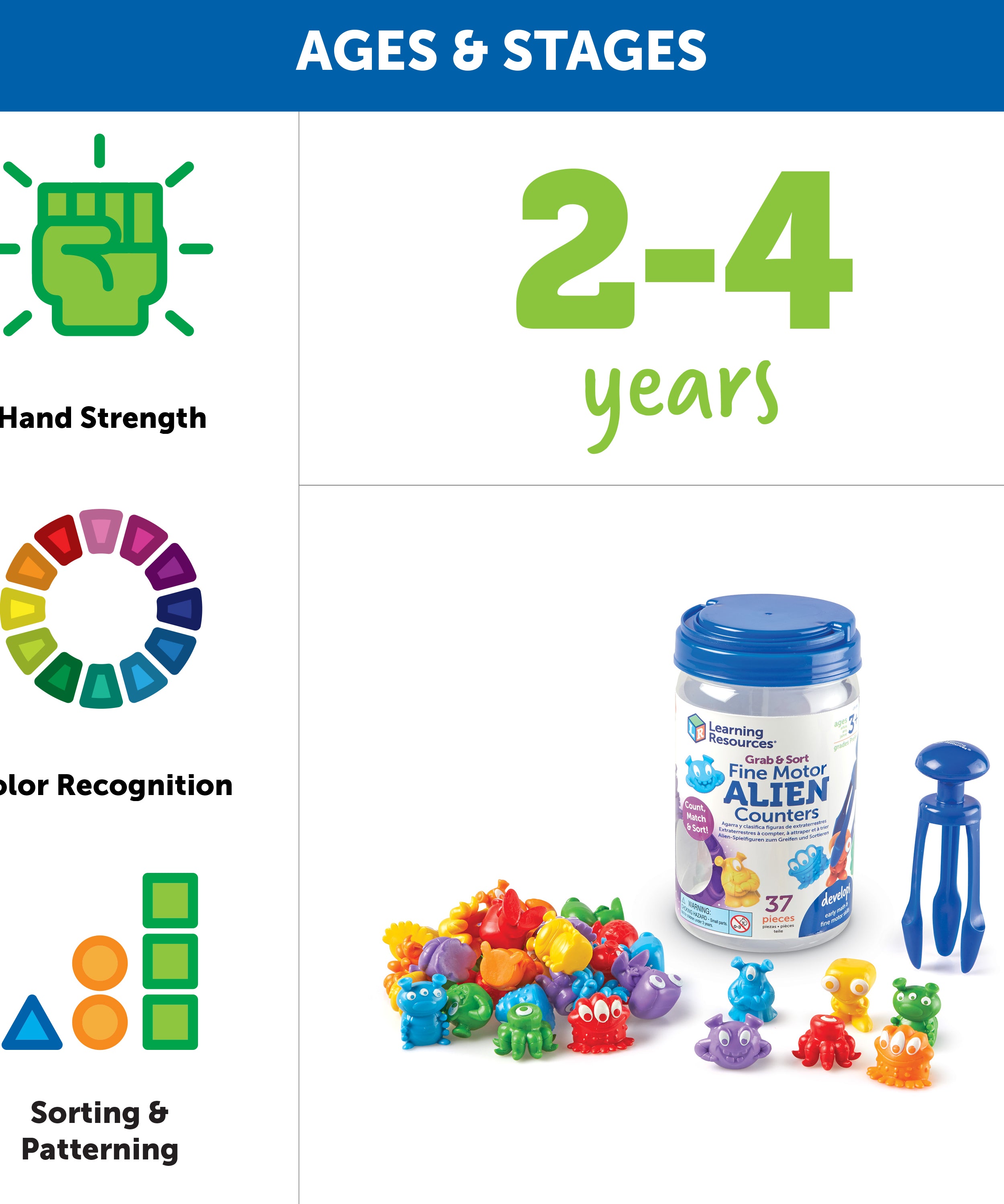 Learning Resources Grab & Sort Fine Motor Alien Counters, 37-Piece Early Math and Fine Motor Skills Toy, Includes Tri-Grip Tongs for Counting, Sorting, and Matching, For Preschoolers Ages 3+