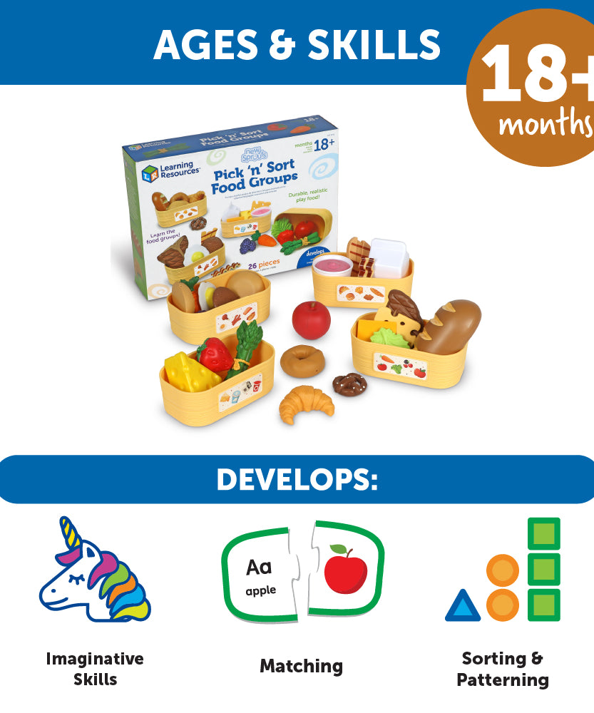 Learning Resources New Sprouts Pick 'n' Sort Food Groups, 26 Piece Play Food Set for Toddlers, Teaches Food Categories with Sorting Baskets, Ages 18 Months and Up