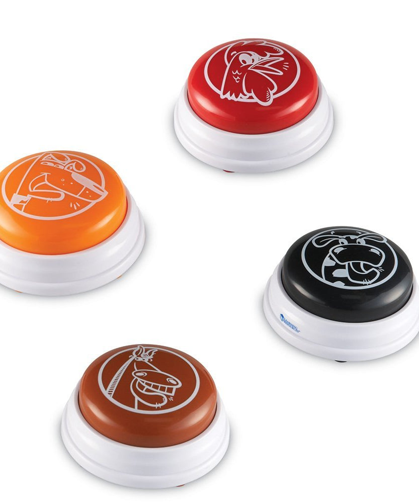 مجموعة من 4 أجهزة تنبيه إجابات من بارنيارد من Learning Resources، أصوات حيوانات المزرعة الممتعة للفصل الدراسي أو ليلة اللعب العائلية، سهلة الاستخدام للأطفال من سن 3 سنوات فما فوق (مو، صهيل، نباح، كوك-أ-دودل-دو)