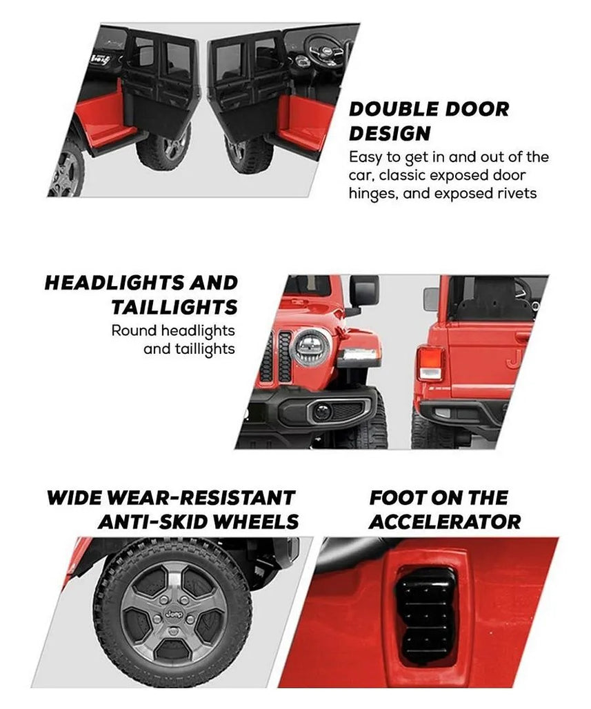 Jeep Rubicon Battery Operated Ride-On Car for Kids, 3+ Years, Dual Seats, Remote Control, Suspension Wheels, LED Headlights – Red, Green, Grey