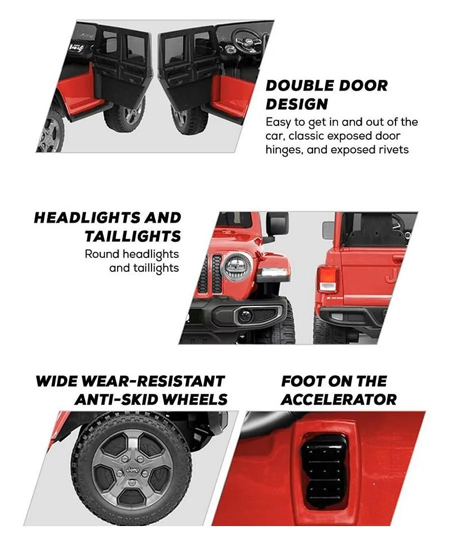 Jeep Rubicon Battery Operated Ride-On Car for Kids, 3+ Years, Dual Seats, Remote Control, Suspension Wheels, LED Headlights – Red, Green, Grey