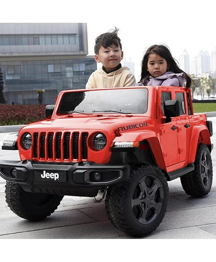 Jeep Rubicon Battery Operated Ride-On Car for Kids, 3+ Years, Dual Seats, Remote Control, Suspension Wheels, LED Headlights – Red, Green, Grey