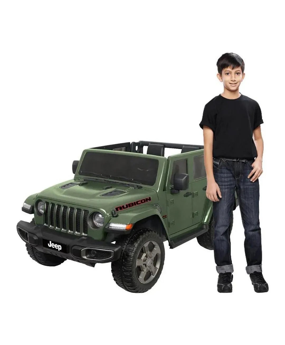Jeep Rubicon Battery Operated Ride-On Car for Kids, 3+ Years, Dual Seats, Remote Control, Suspension Wheels, LED Headlights – Red, Green, Grey
