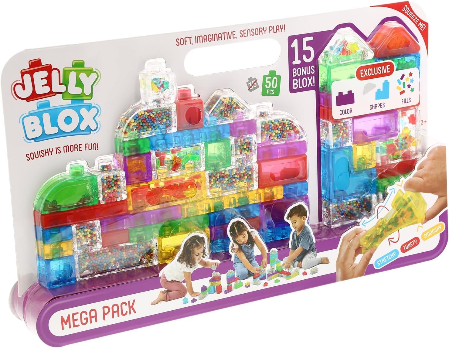 Jelly Blox Mega Pack, 50-Piece Sensory Building Blocks, Soft Squishy Toddler Toys, Creative Play for Ages 2+, Fine Motor Skills Development, Safe Non-Toxic Plastic, Multicolor, Educational Construction Set