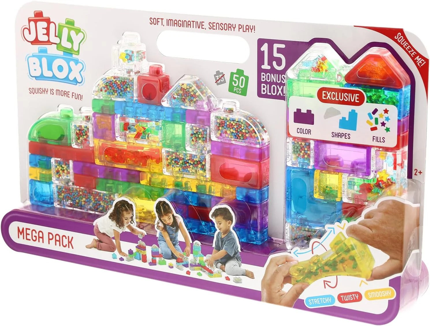 Jelly Blox Mega Pack, 50-Piece Sensory Building Blocks, Soft Squishy Toddler Toys, Creative Play for Ages 2+, Fine Motor Skills Development, Safe Non-Toxic Plastic, Multicolor, Educational Construction Set
