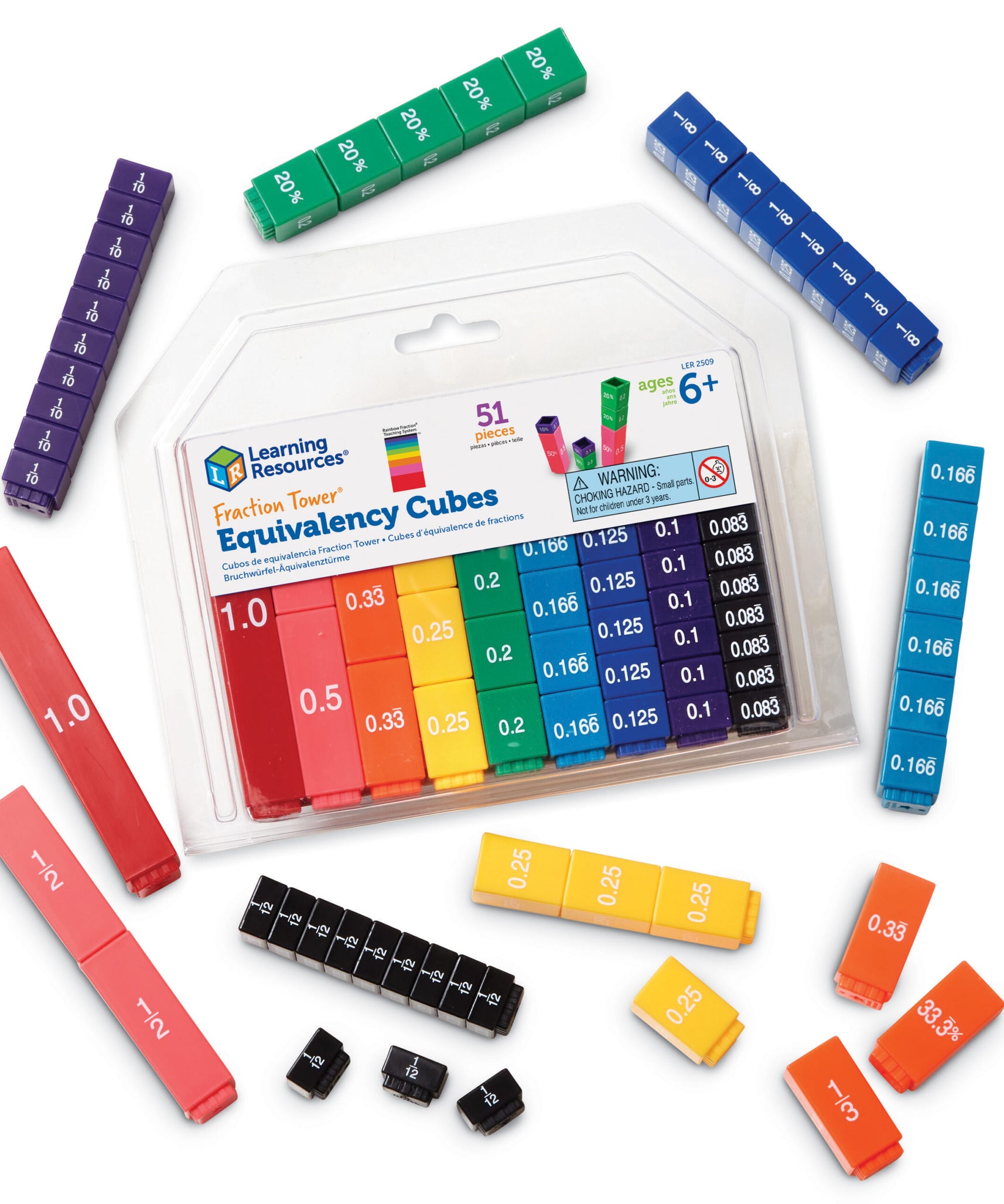 مكعبات تكافؤ برج الكسور من موارد التعلم، مجموعة تعليمية رياضية مُرمَّزة بالألوان، 51 قطعة متشابكة لتصور الكسور والمكافئات