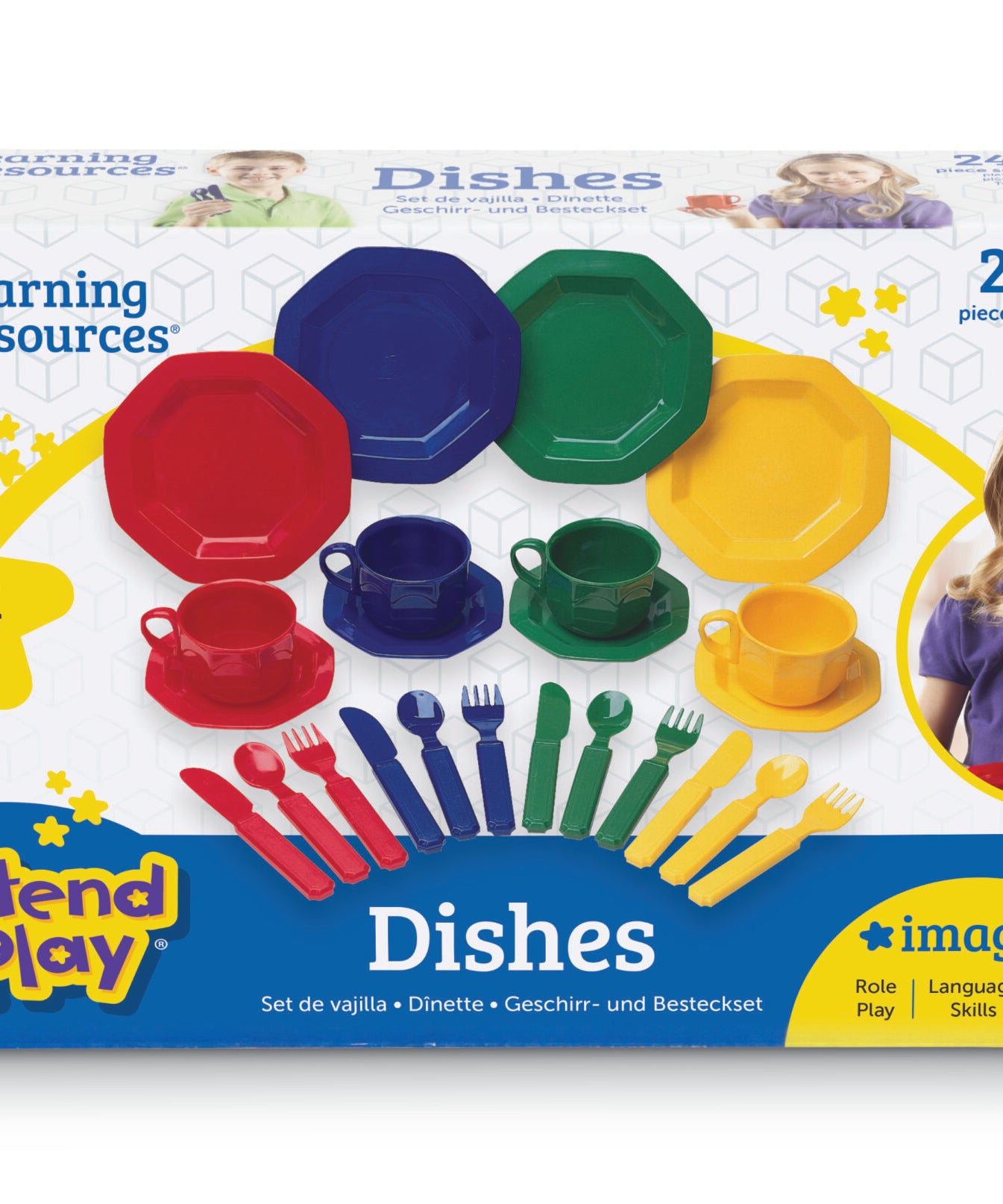 Learning Resources Play Dishes, 24-Piece Colourful Kitchen Toy Plate Set for Kids, Pretend Play Tableware for Toddlers, Durable Plastic, Ages 3+