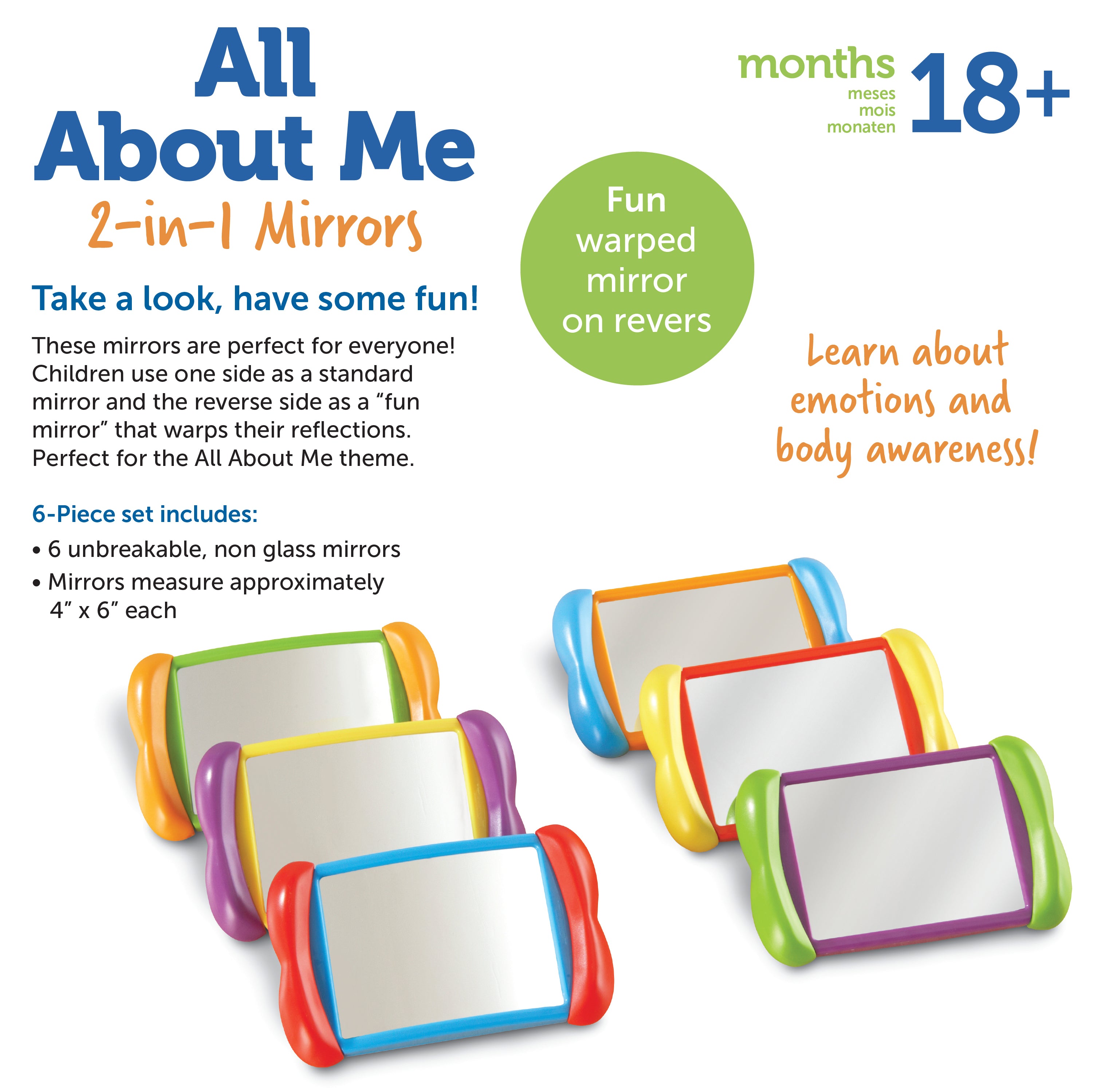 Learning Resources All About Me 2-in-1 Mirrors, Double-Sided Fun & Regular Mirrors for Self-Awareness, Develops Body & Emotional Skills, Set of 6, Ages 2+