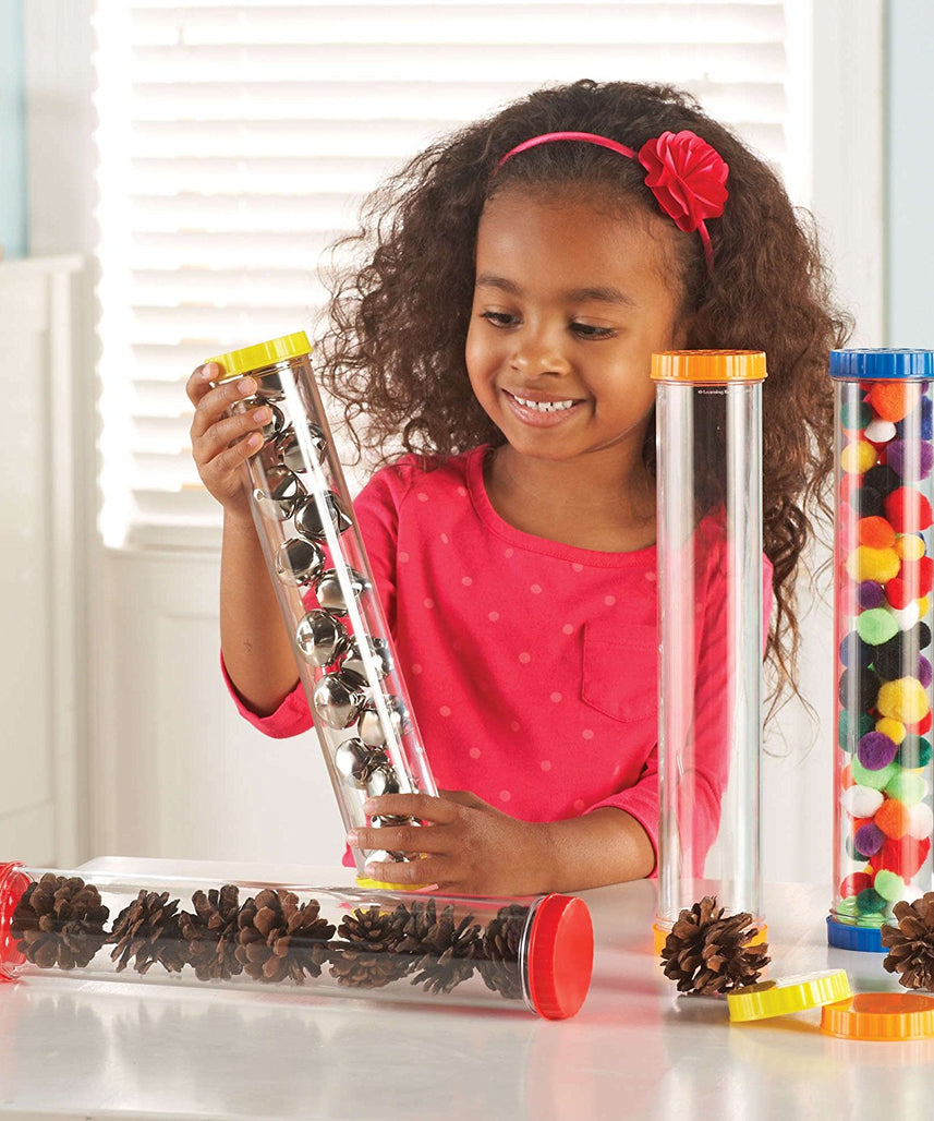 مصادر التعلم - أنابيب حسية للعلوم الأساسية، للاستكشاف الحسي والاكتشاف العلمي المبكر، مجموعة من 4 قطع بأغطية صلبة وجيدة التهوية، للأعمار من سنتين فما فوق