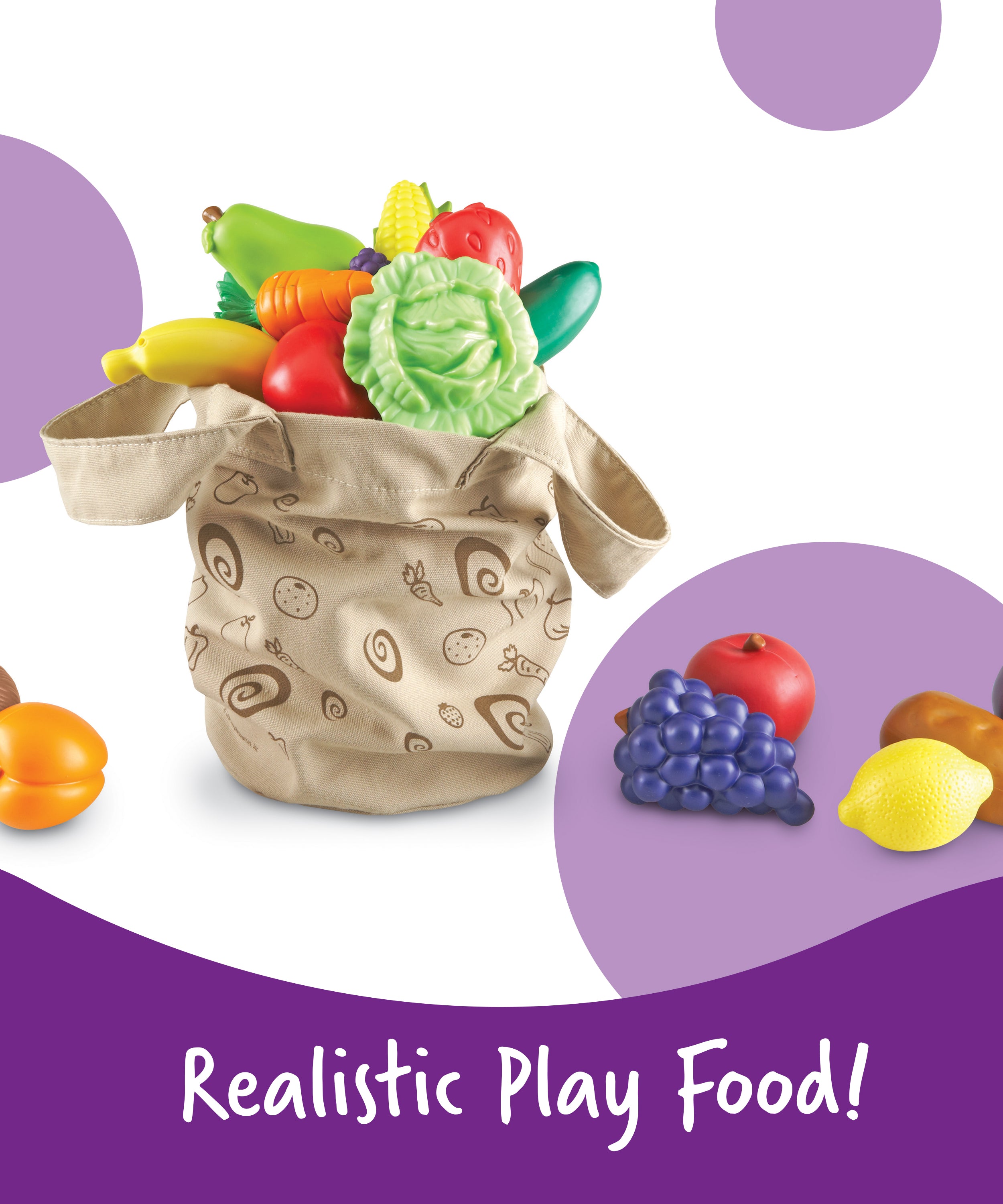 Learning Resources New Sprouts Fruit and Veg Tote, 20 Piece Pretend Food Set for Toddlers, Soft Touch Play Food for Role Play and Healthy Eating, Ages 2+