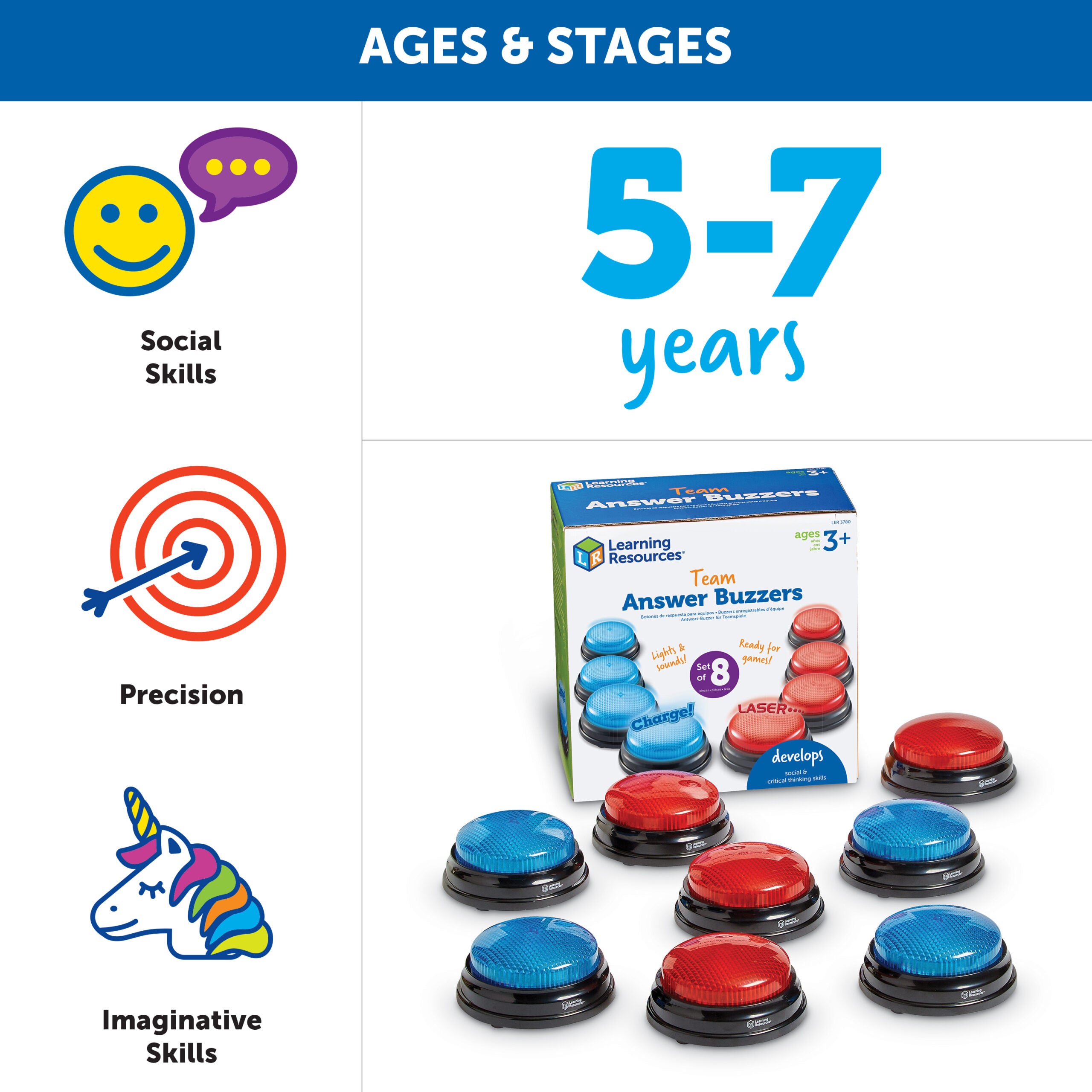 مصادر التعلم - أجهزة تنبيه للإجابة الجماعية، مجموعة من 8 أجهزة تنبيه مضيئة باللونين الأحمر والأزرق بأصوات فريدة، أجهزة تنبيه لعروض الألعاب للعب الجماعي، للأعمار من 3 سنوات فما فوق