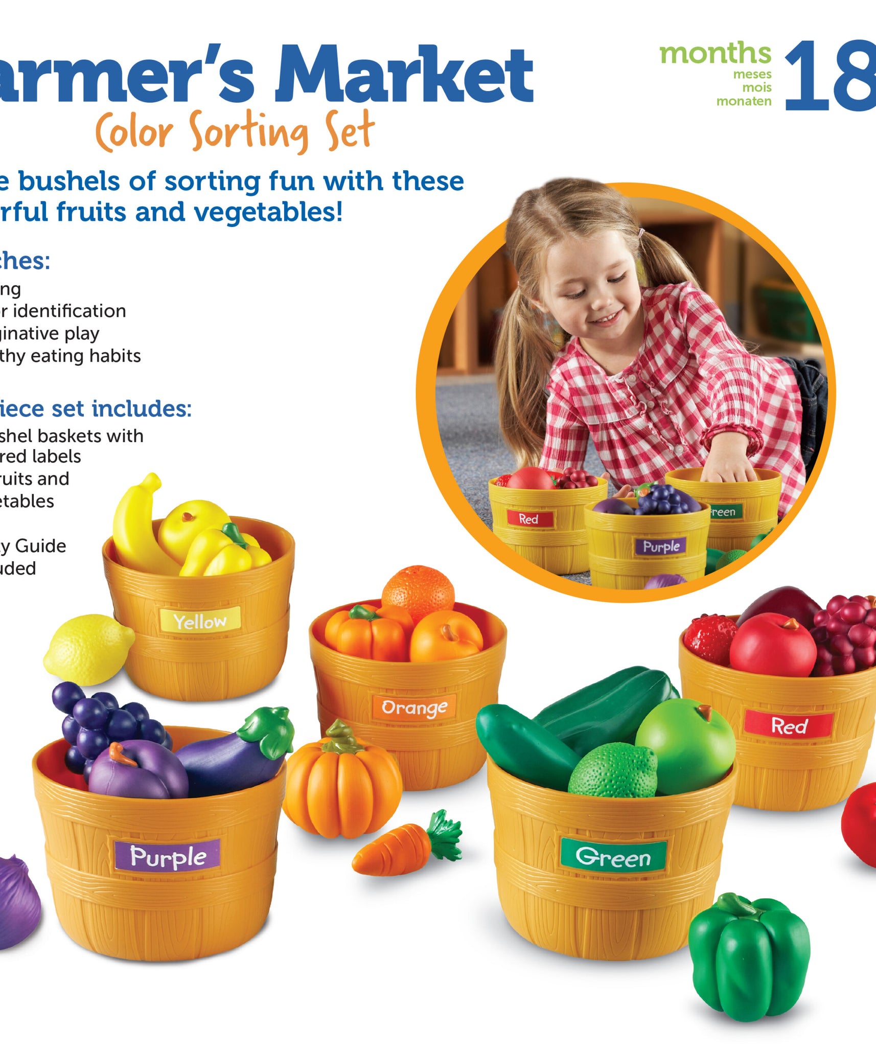Learning Resources Farmer's Market Food Sorting Set, 25-Piece Toy Fruit & Vegetable Set for Role Play, Sorting, and Colour Recognition, Ideal for Kids Aged 3+