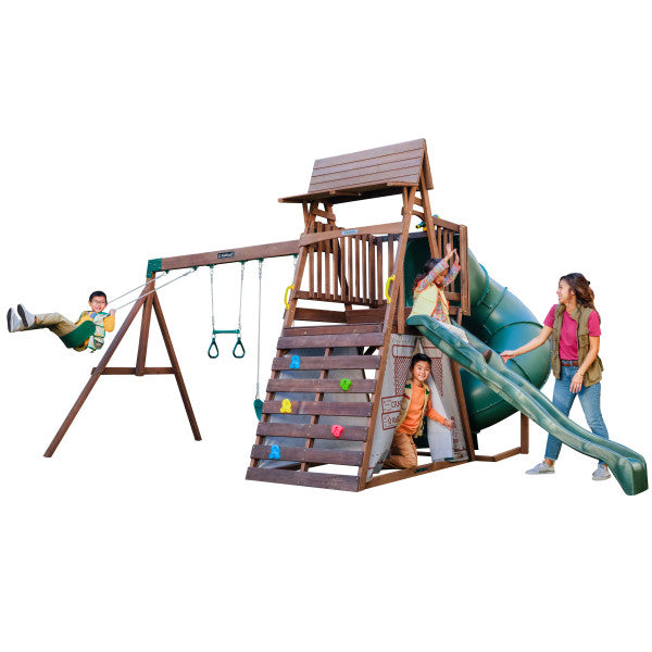 KidKraft Ranger Retreat Wooden Swing Set with Tent, Tube Slide and 3 Swings, Outdoor Playset for Kids Ages 3 to 10, Rock Wall Climbing, Crow’s Nest and Acrobar, Durable Wood Construction