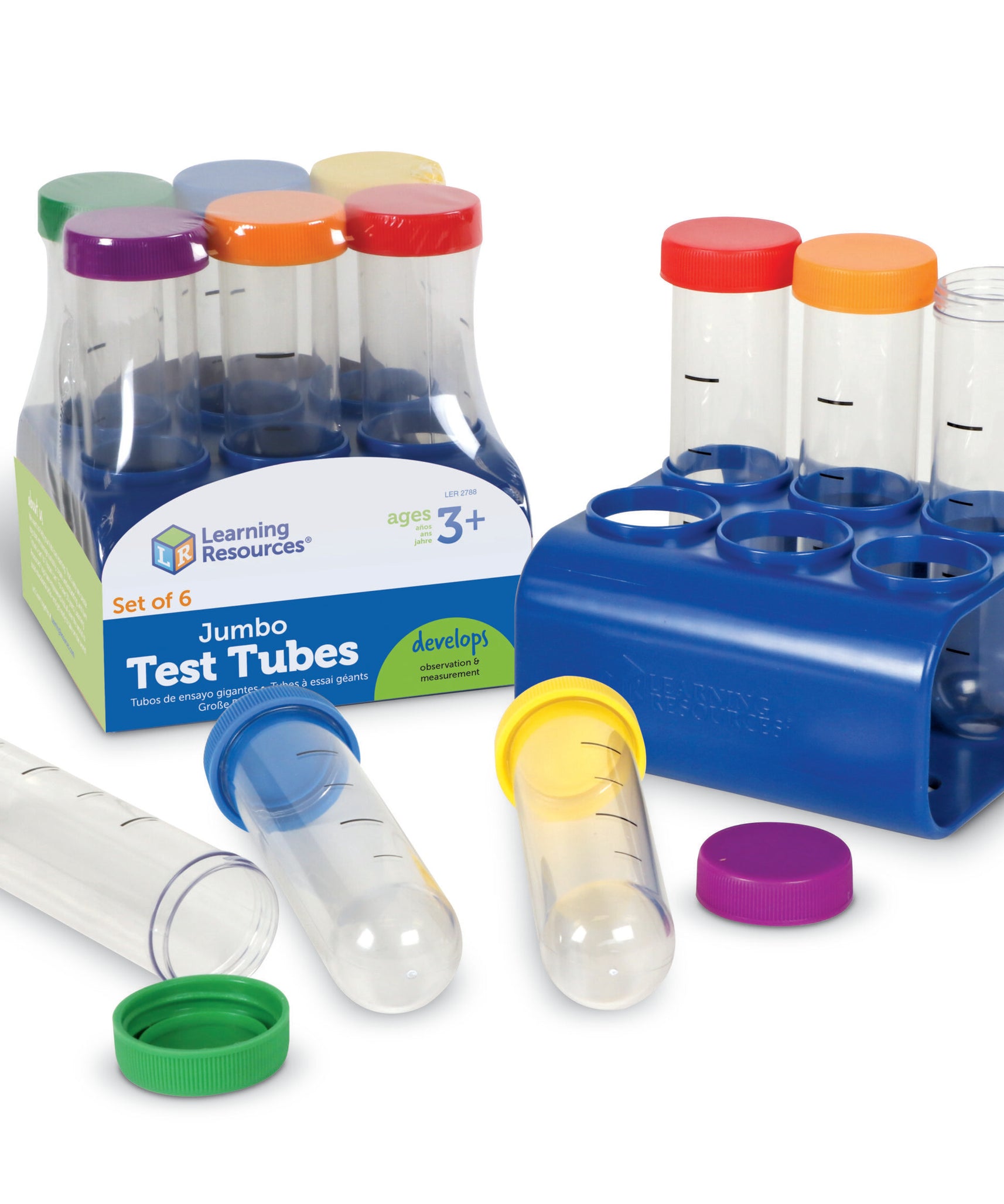 مصادر التعلم - أنابيب اختبار جامبو للعلوم الأساسية مع حامل، مثالية للتجارب العلمية المبكرة، مجموعة من 6 قطع مع علامات معايرة، للأعمار من 3 سنوات فما فوق