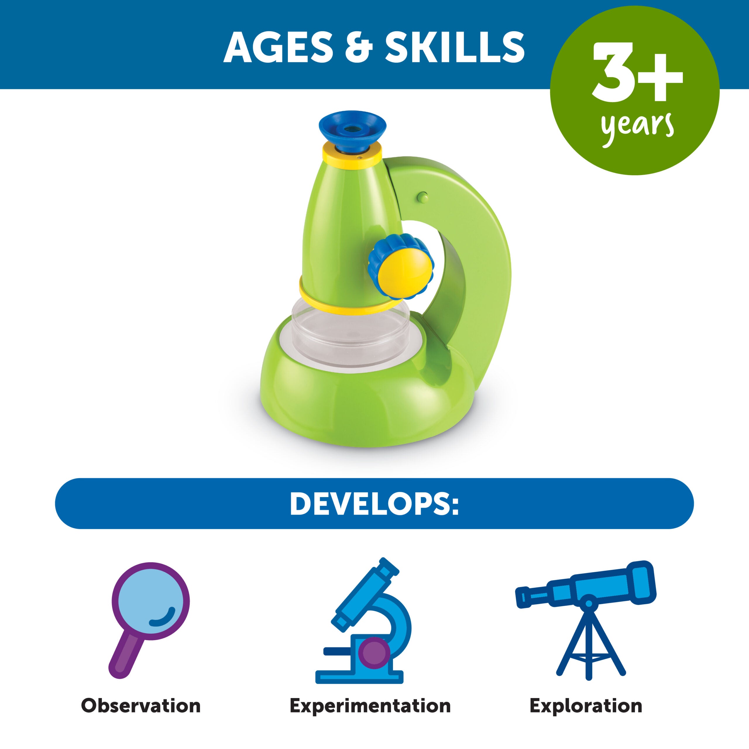 موارد التعلم، مجهر ViewScope للعلوم الأساسية، مجهر عملي للأطفال، تكبير 20 ضعفًا، عارض قابل للفصل، عدسة عينية ناعمة للراحة، يتضمن جرابًا بلاستيكيًا شفافًا للعينات، مناسب للأعمار من 3 سنوات فما فوق