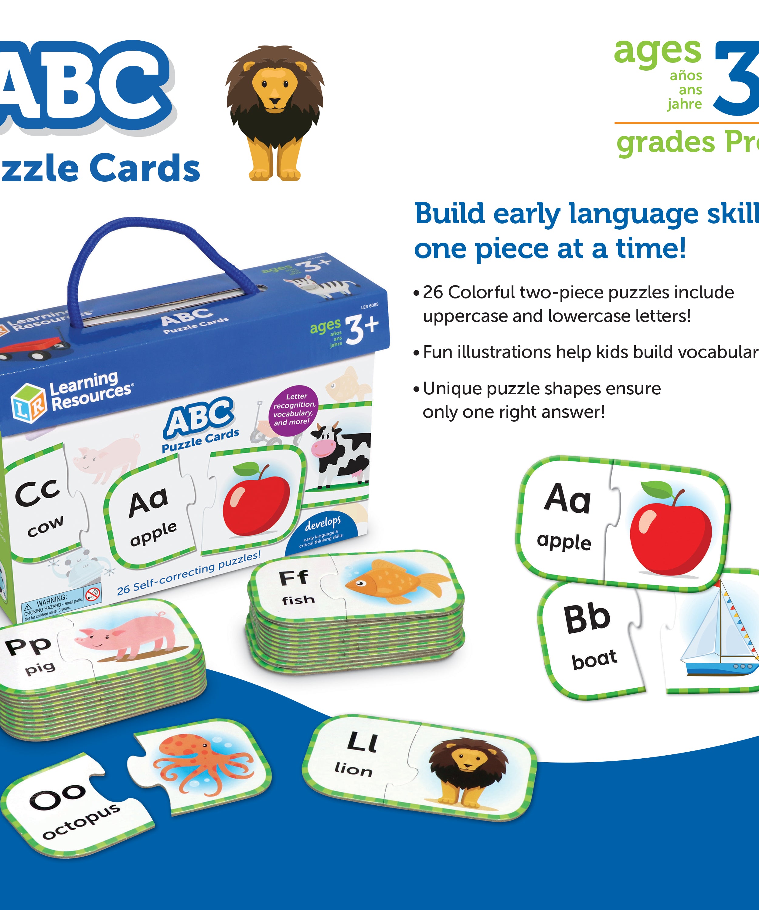 بطاقات ألغاز ABC من Learning Resources، مجموعة من 26 لغز مطابقة الحروف ذاتية التصحيح، تُعلّم الأبجدية ومهارات اللغة المبكرة، للأعمار من 3 سنوات فما فوق