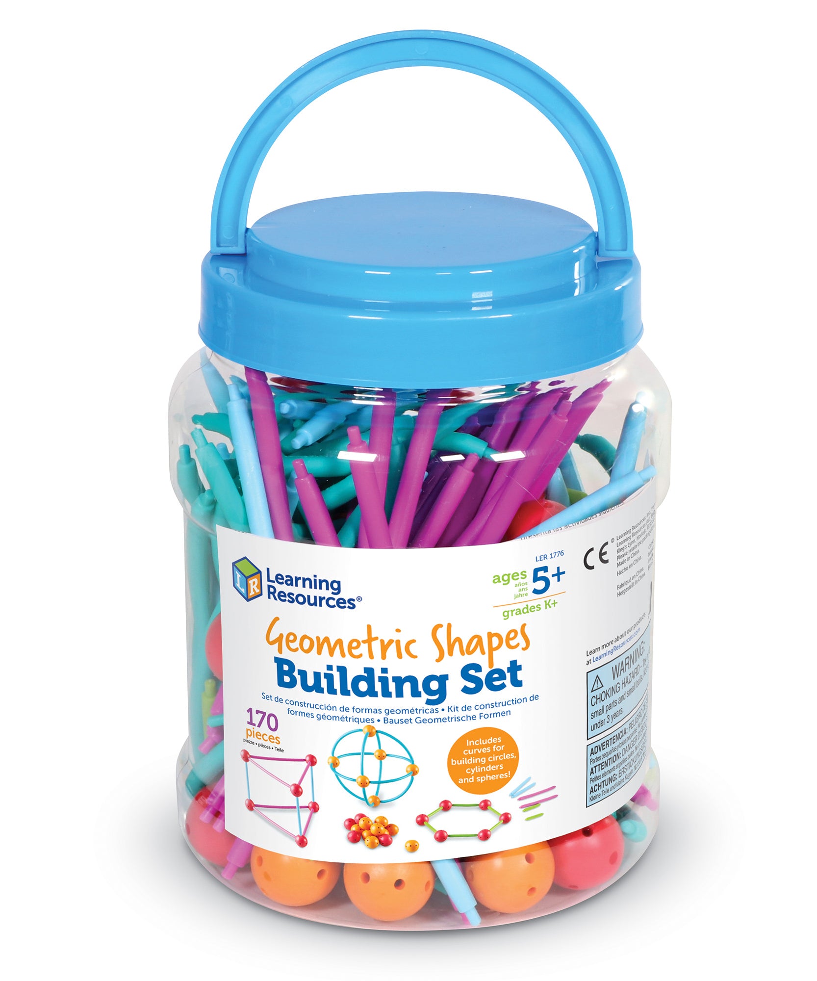 Learning Resources Geometric Shapes Building Set, 170-Piece Set for 2D & 3D Shape Construction, Soft Plastic Sticks & Connectors for Early Geometry & STEM Learning, Ages 5+