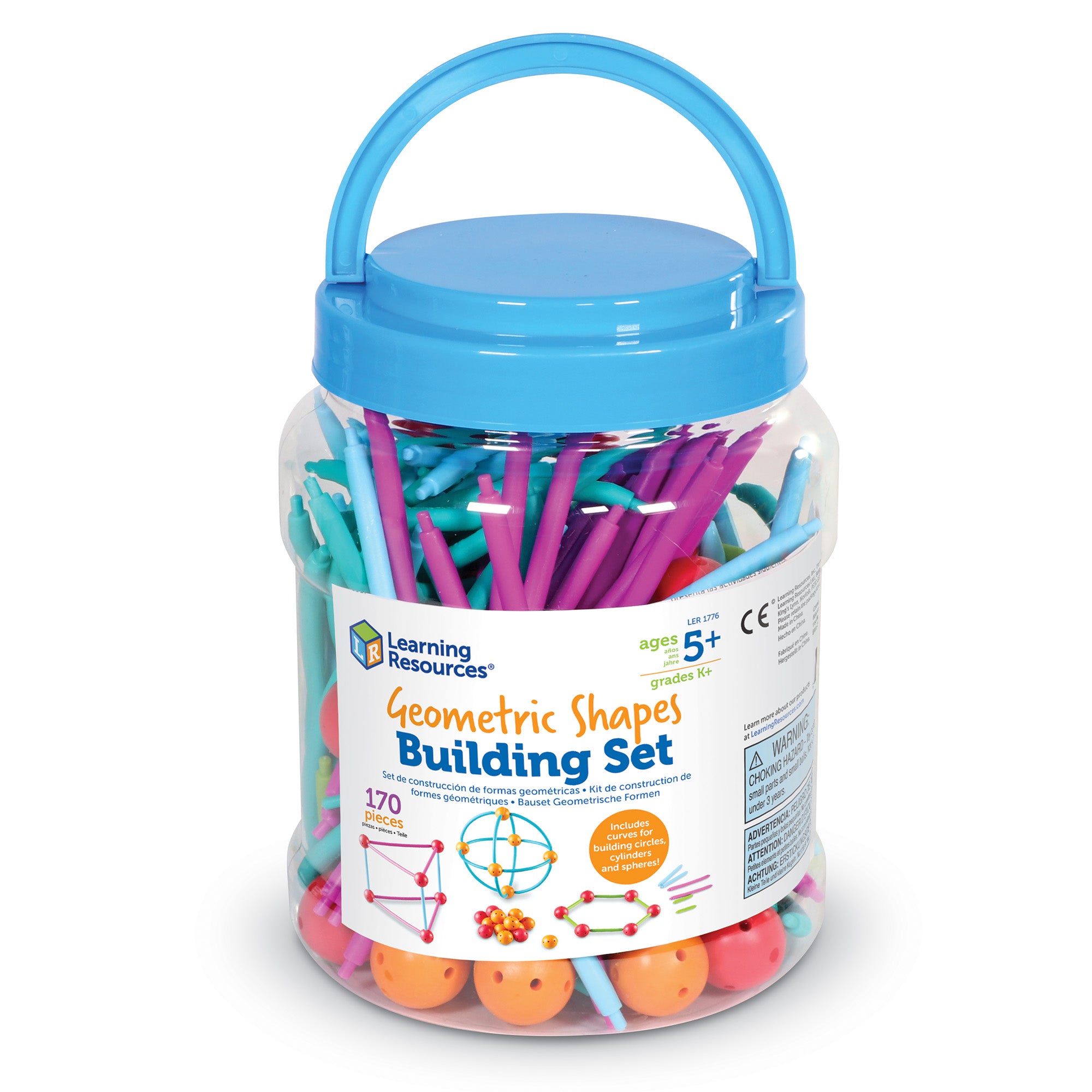 Learning Resources Geometric Shapes Building Set, 170-Piece Set for 2D & 3D Shape Construction, Soft Plastic Sticks & Connectors for Early Geometry & STEM Learning, Ages 5+