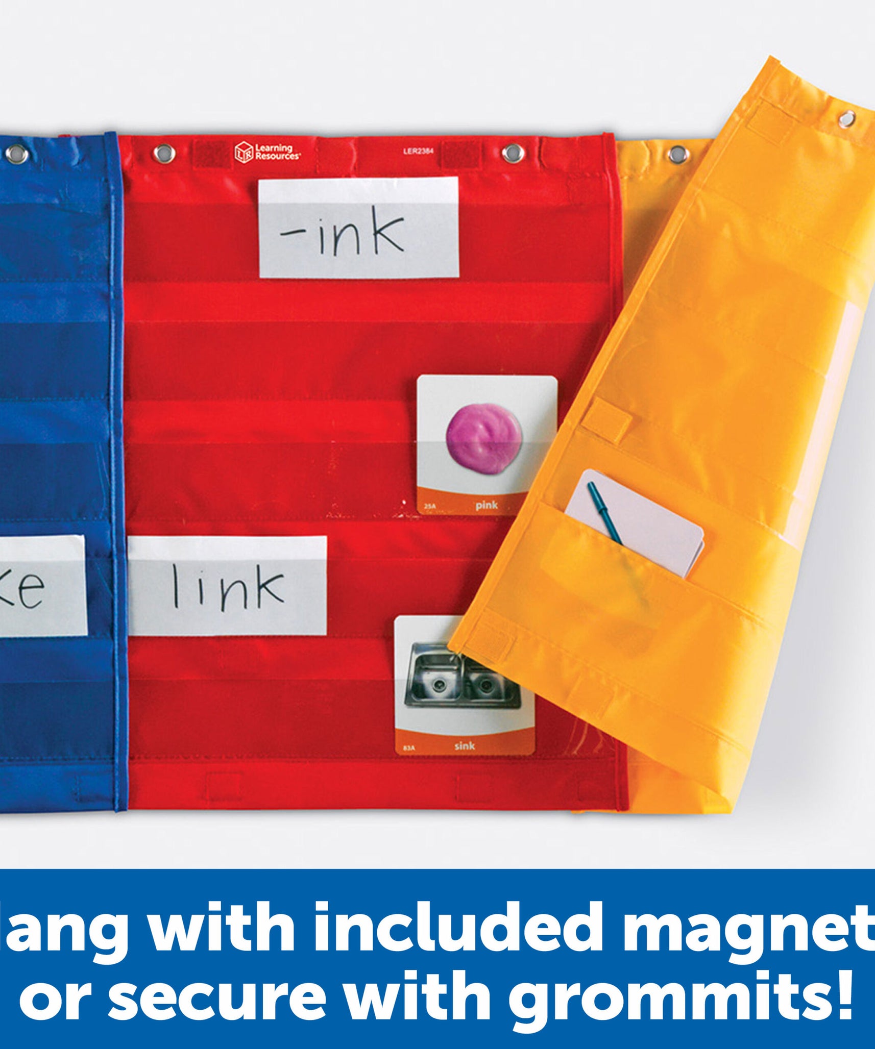 Learning Resources Magnetic Pocket Chart Squares (Set of 4), Versatile Classroom Storage & Display Solution, Magnetic or Grommet Hanging, Front & Back Pockets