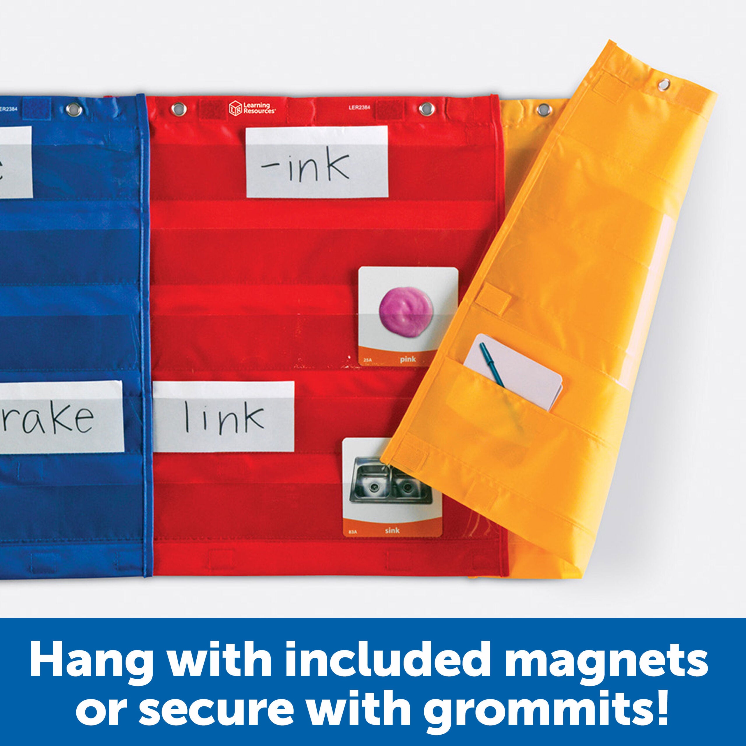 Learning Resources Magnetic Pocket Chart Squares (Set of 4), Versatile Classroom Storage & Display Solution, Magnetic or Grommet Hanging, Front & Back Pockets