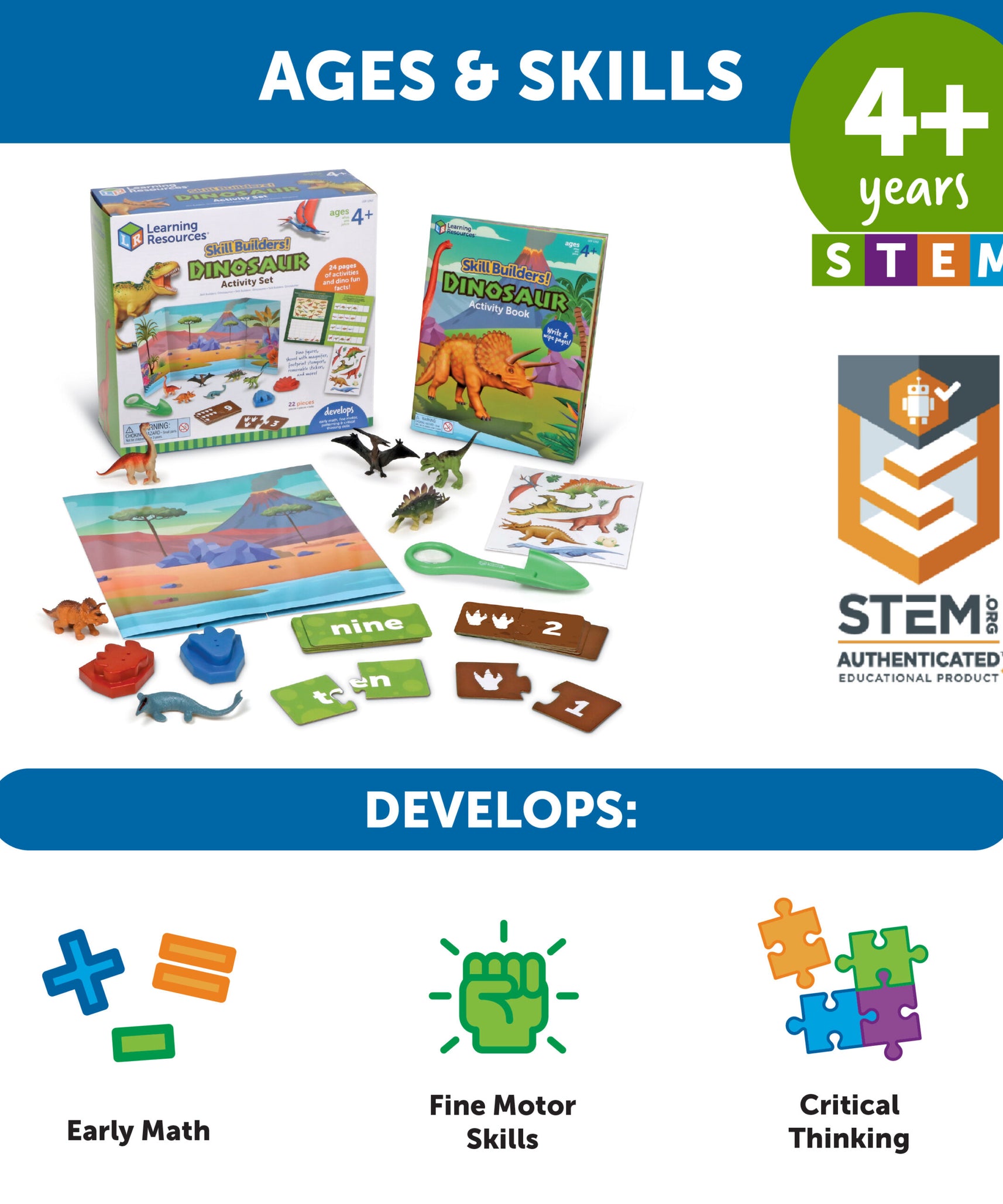 موارد التعلم: بناء المهارات! الديناصورات، مجموعة تعليم الديناصورات لمرحلة ما قبل المدرسة مع أحافير وألغاز وكتاب أنشطة، للأعمار من 4 سنوات فما فوق