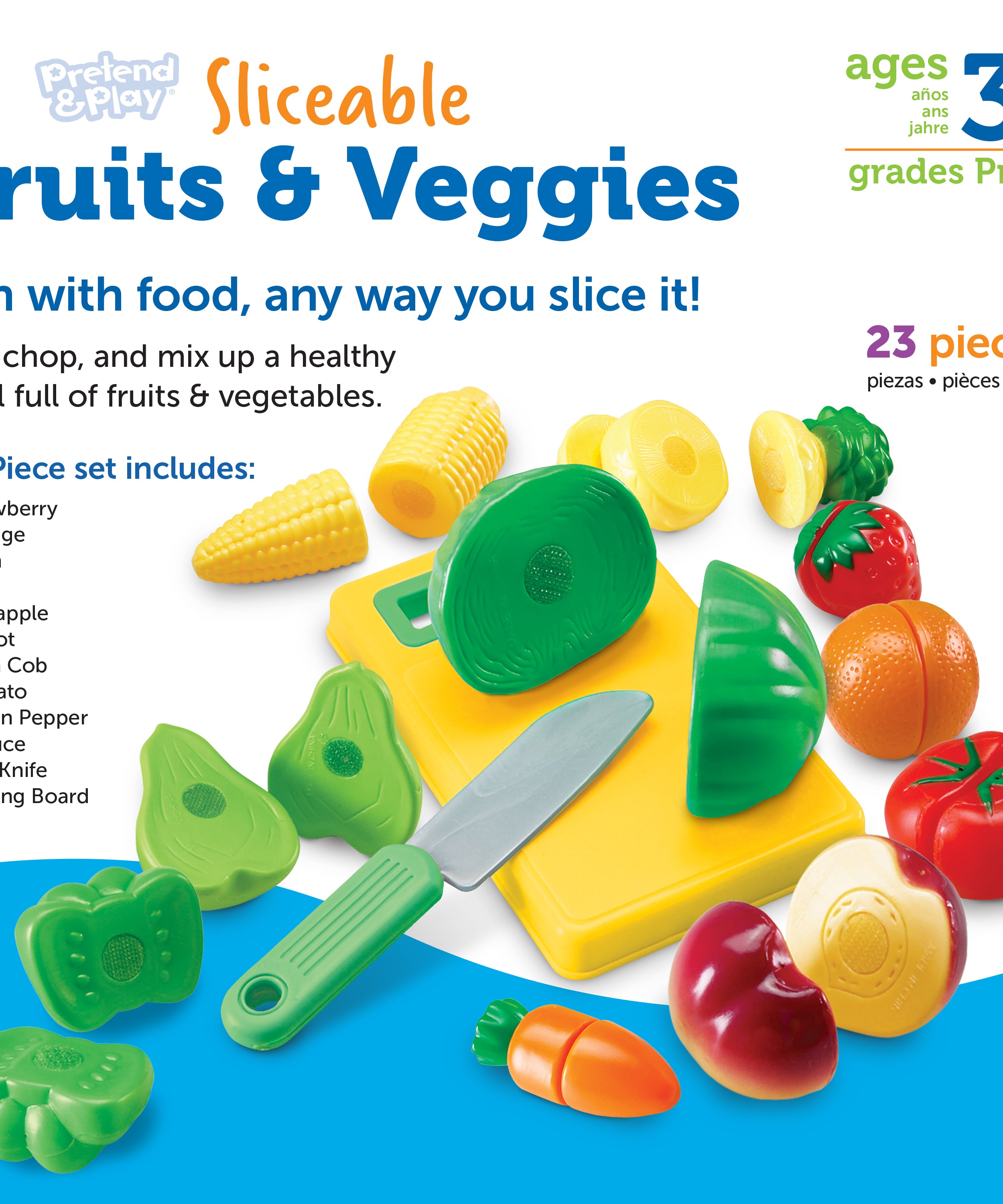Learning Resources Pretend and Play Sliceable Fruits and Veggies, Set of 12 Healthy Food Play Pieces with Chopping Board and Knife, Imaginative Kitchen Toy for Fine Motor Skills, Ages 3+