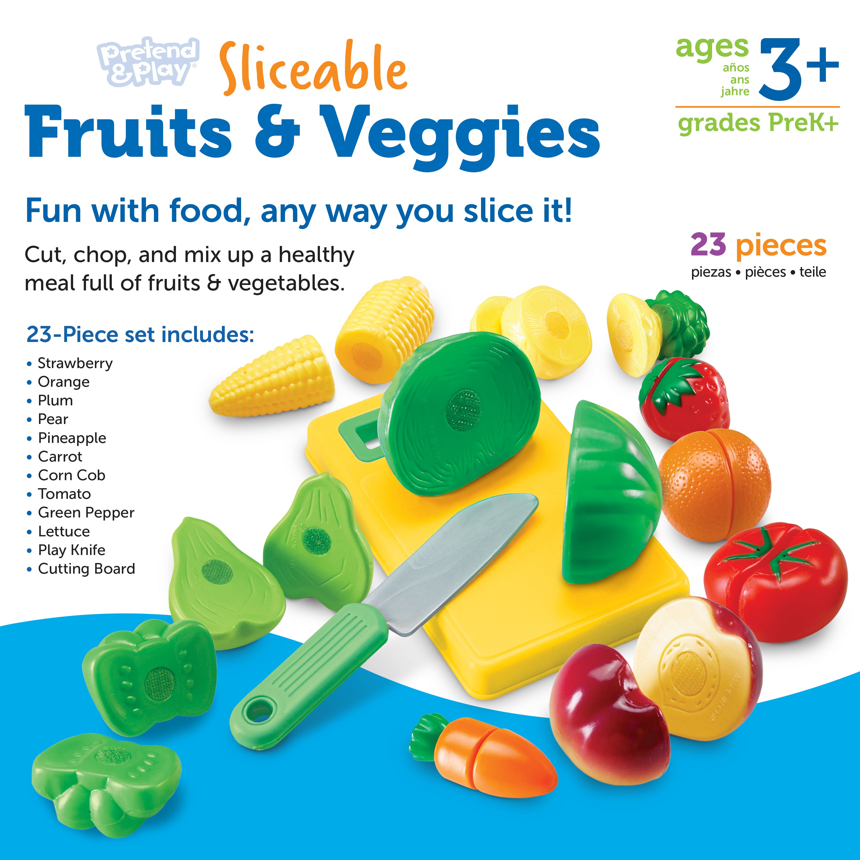 Learning Resources Pretend and Play Sliceable Fruits and Veggies, Set of 12 Healthy Food Play Pieces with Chopping Board and Knife, Imaginative Kitchen Toy for Fine Motor Skills, Ages 3+