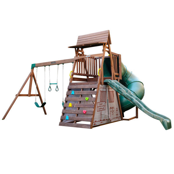 KidKraft Ranger Retreat Wooden Swing Set with Tent, Tube Slide and 3 Swings, Outdoor Playset for Kids Ages 3 to 10, Rock Wall Climbing, Crow’s Nest and Acrobar, Durable Wood Construction
