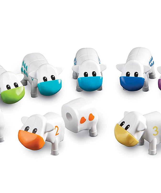 موارد التعلم Snap-n-Learn، لعبة عد الأبقار، لعبة رياضيات مبكرة للأطفال الصغار مع مطابقة الأرقام والأشكال، 10 أبقار ملونة من قطعتين مع حوض تخزين، للأعمار من سنتين فما فوق