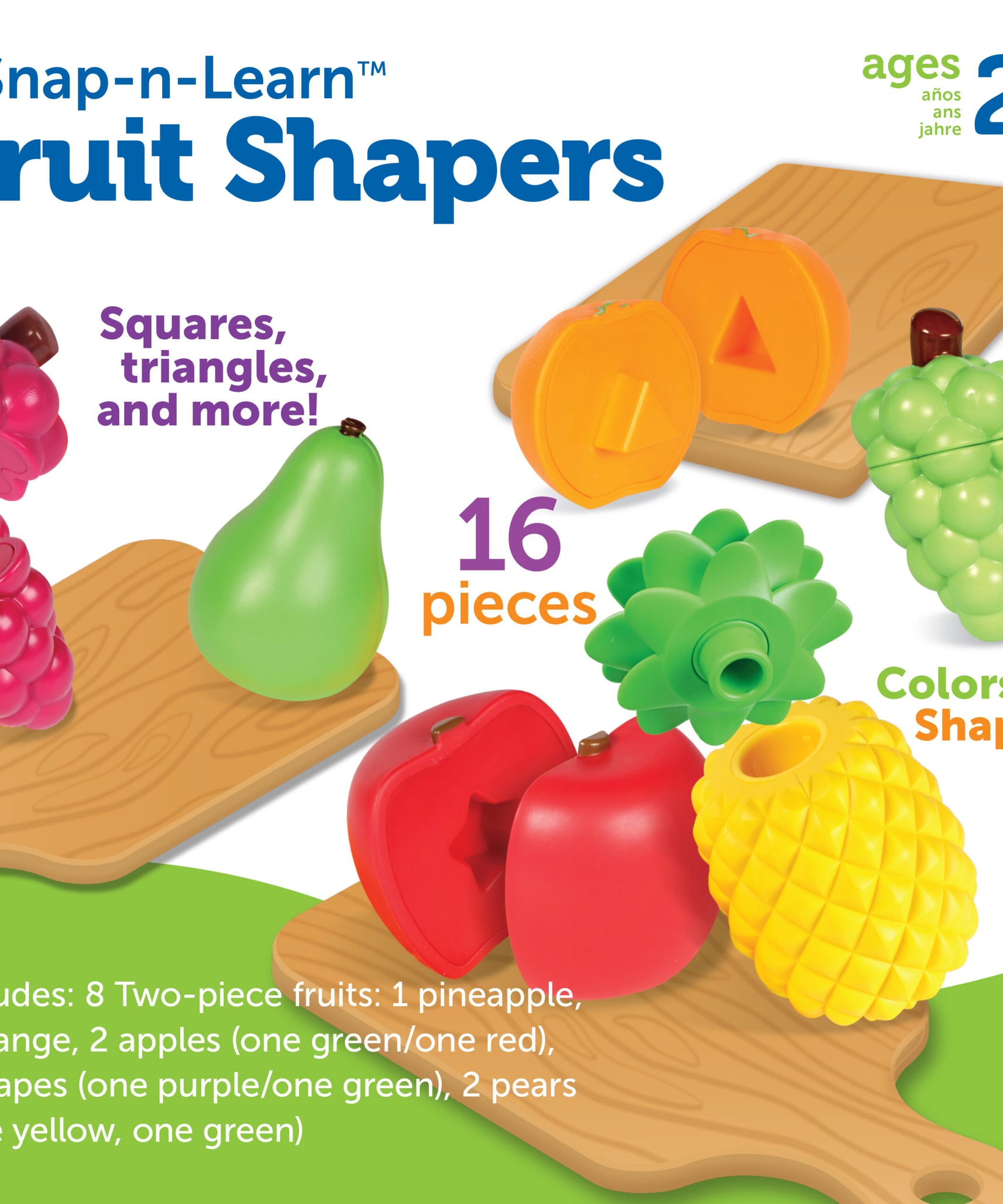 مصادر التعلم - لعبة مطابقة أشكال الفاكهة Snap-n-Learn، ملونة، تنمي المهارات الحركية الدقيقة ومهارات التعلم المبكر، تتضمن 8 فواكه من قطعتين ودلو تخزين، مناسبة للأعمار من سنتين فما فوق