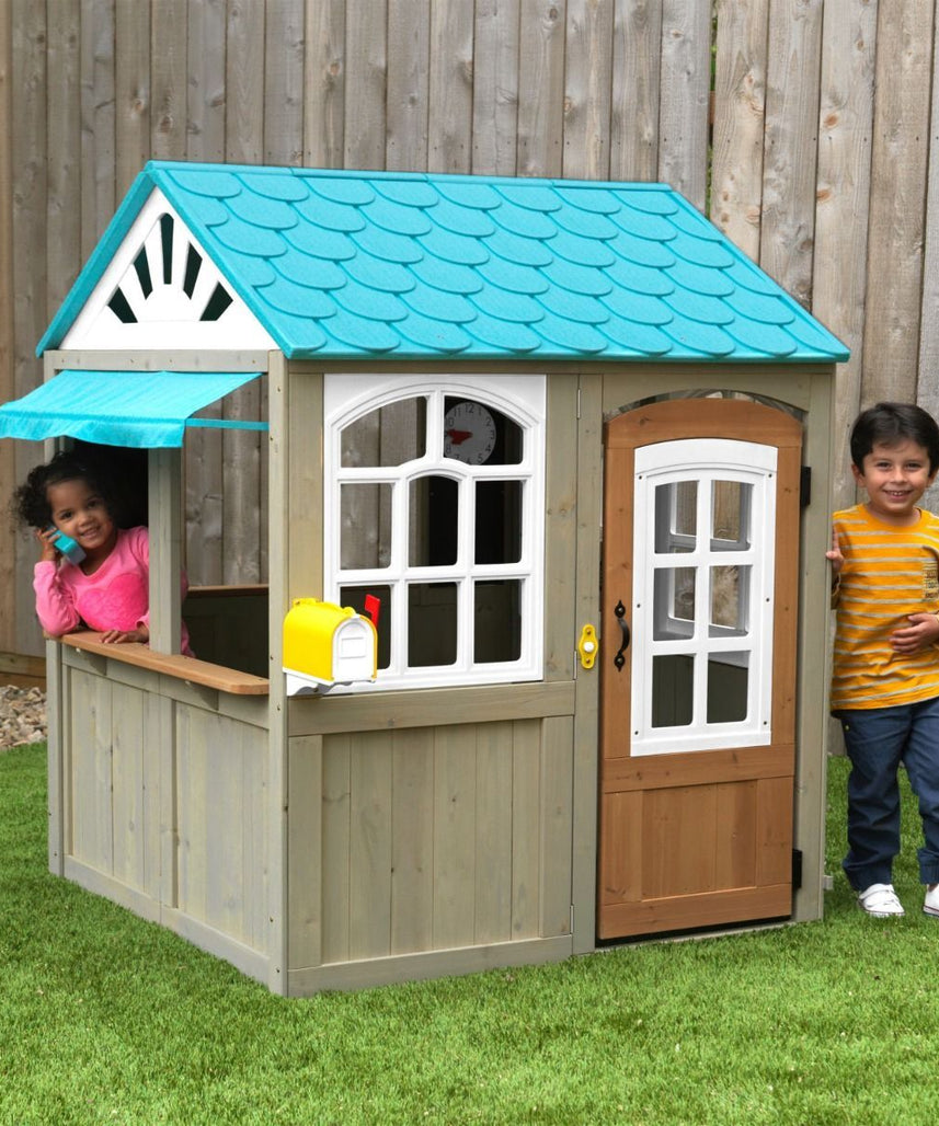 KidKraft Oceanfront Outdoor Playhouse, Cedar Wood Beach Café Style, Grande Size, Playhouse for Kids Ages 3 to 10, EZ Kraft Assembly, Interactive Windows, Bell and Mailbox