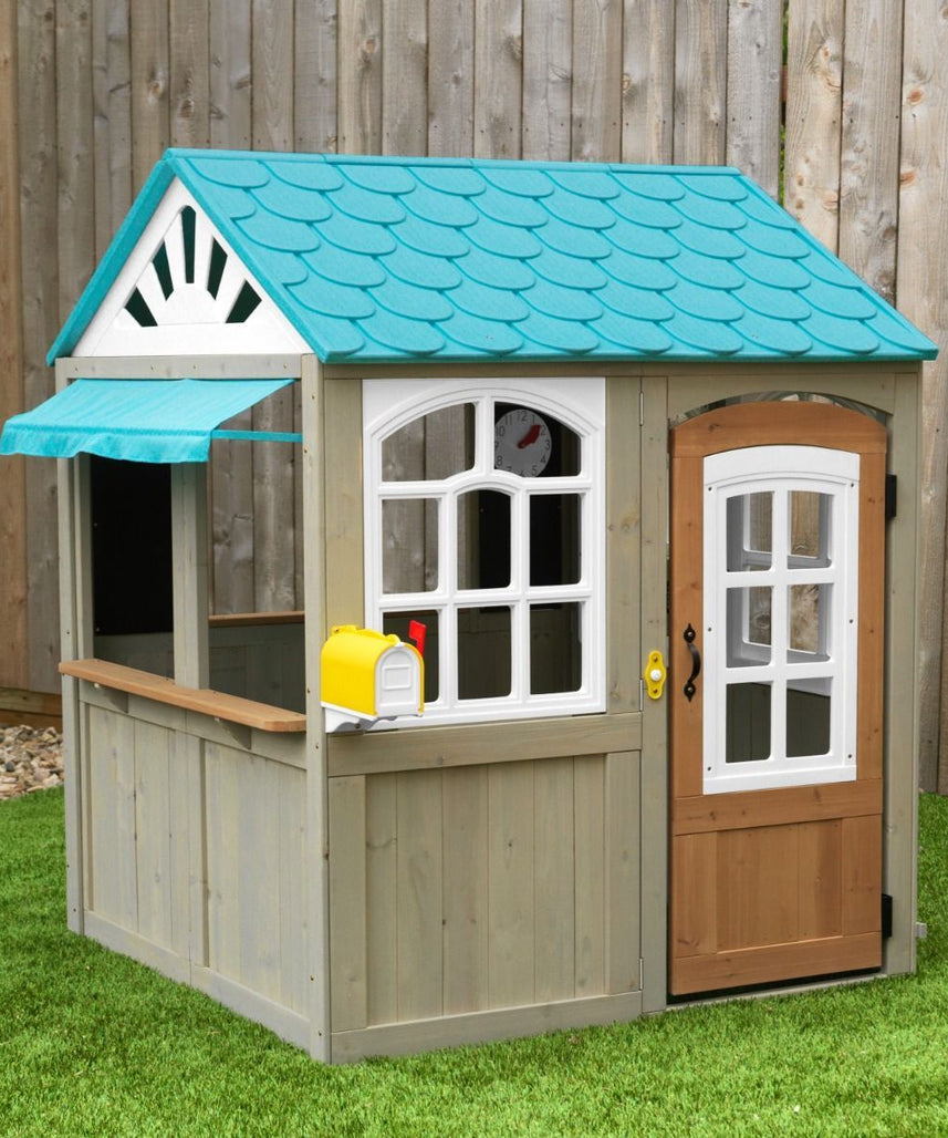 KidKraft Oceanfront Outdoor Playhouse, Cedar Wood Beach Café Style, Grande Size, Playhouse for Kids Ages 3 to 10, EZ Kraft Assembly, Interactive Windows, Bell and Mailbox