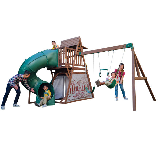 KidKraft Ranger Retreat Wooden Swing Set with Tent, Tube Slide and 3 Swings, Outdoor Playset for Kids Ages 3 to 10, Rock Wall Climbing, Crow’s Nest and Acrobar, Durable Wood Construction
