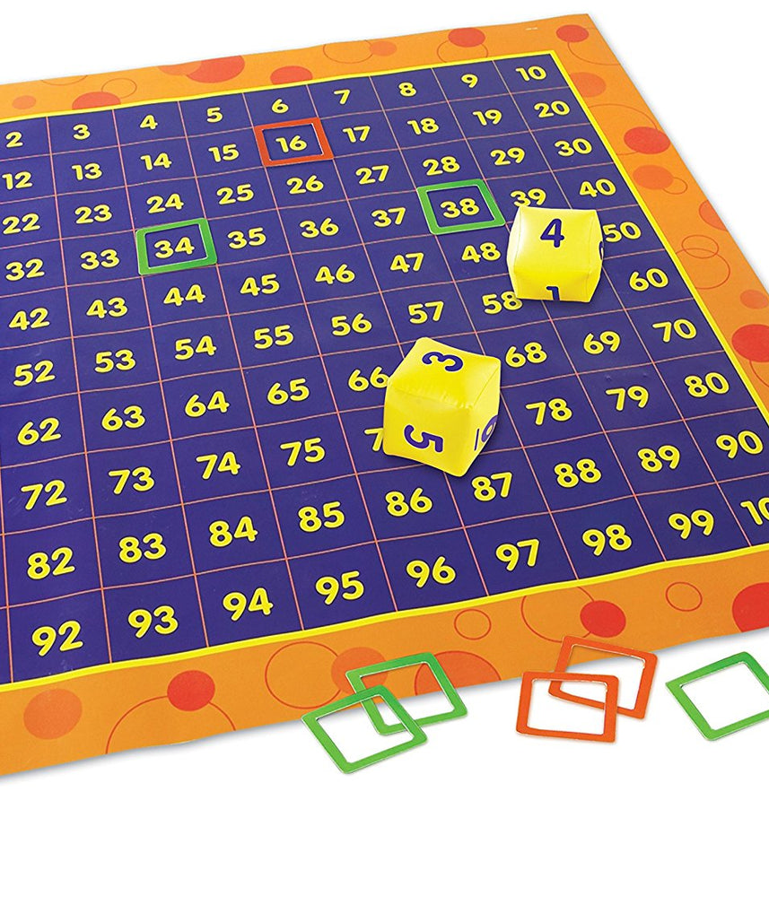 Learning Resources Hip Hoppin' Hundred Mat Activity Set, Giant Floor Mat for Counting and Number Patterns, Includes 2 Inflatable Cubes and 54 Number Frames, Maths Game for Ages 5+