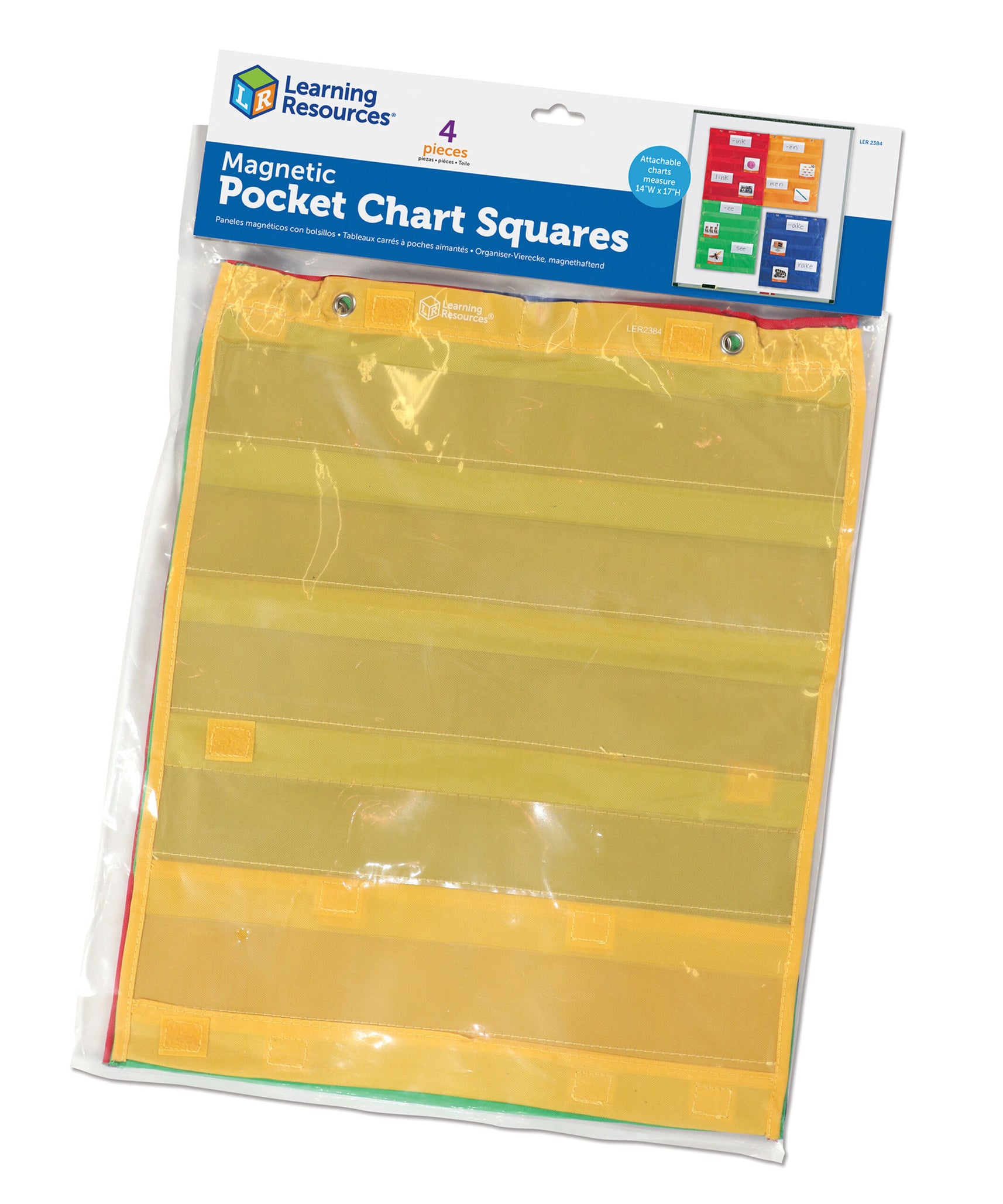Learning Resources Magnetic Pocket Chart Squares (Set of 4), Versatile Classroom Storage & Display Solution, Magnetic or Grommet Hanging, Front & Back Pockets