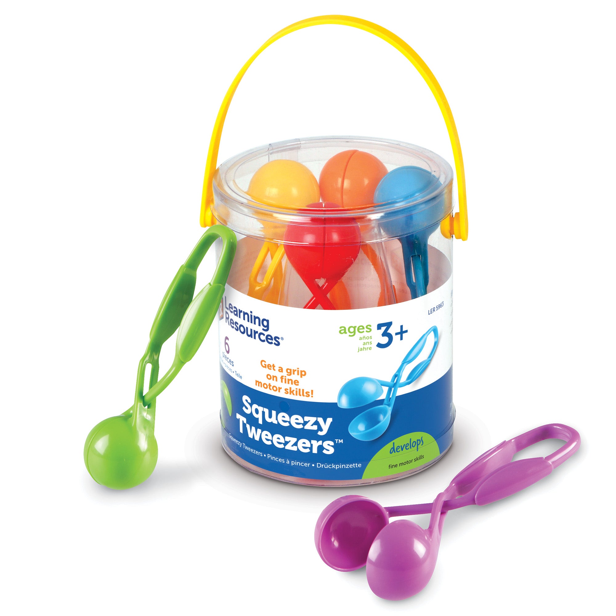 Learning Resources Squeezy Tweezers, Set of 6, Fine Motor Skills Tool for Kids, Strengthens Hand Muscles, Ideal for Sensory Play, Includes Storage Bucket, Ages 3+