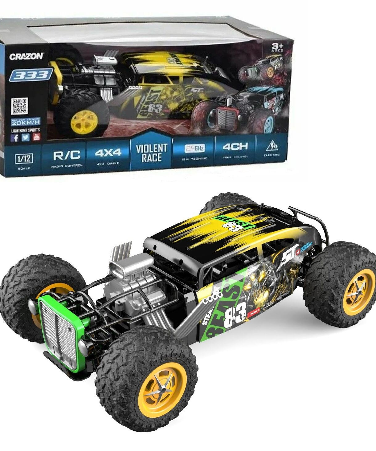 Crazon Beast 83 Off-Road RC Car 1:10 Scale, 2.4GHz Remote Control, 360° Stunt Rotation, USB Rechargeable, 8+