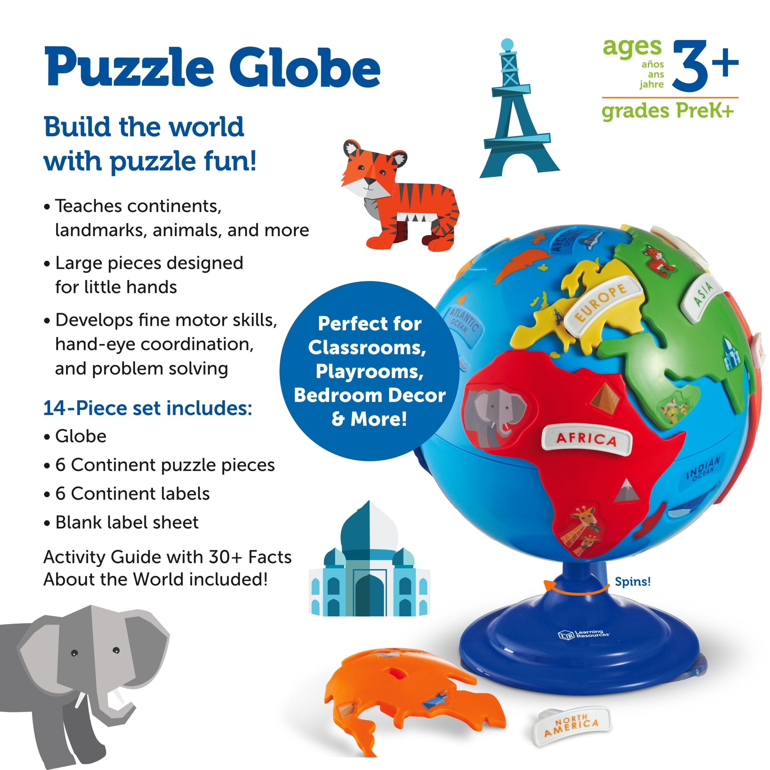 موارد تعليمية - لعبة جغرافية تفاعلية مع قارات قابلة للإزالة، وتفاصيل معالم بارزة، وقاعدة دوارة، وكرة أرضية تعليمية مبكرة للأطفال من سن 3 سنوات فما فوق