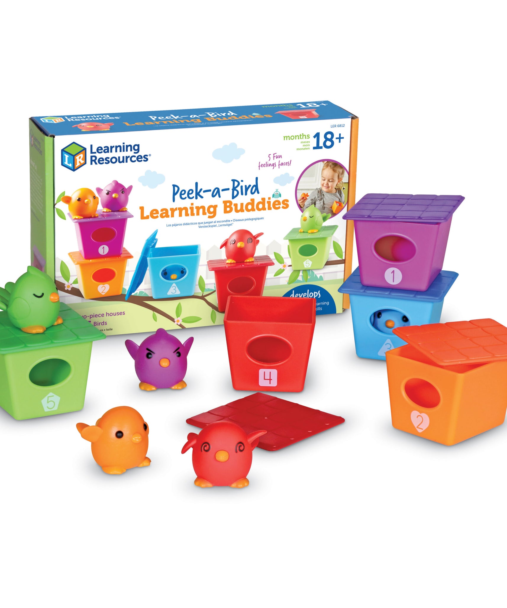 موارد التعلم Peek-a-Bird Learning Buddies، لعبة تعليمية للأطفال الصغار تحتوي على 5 دمى أصابع للطيور وبيوت طيور مرقمة، تُعلّم الألوان والعد والعواطف والمهارات الحركية الدقيقة، للأعمار من 18 شهرًا فما فوق