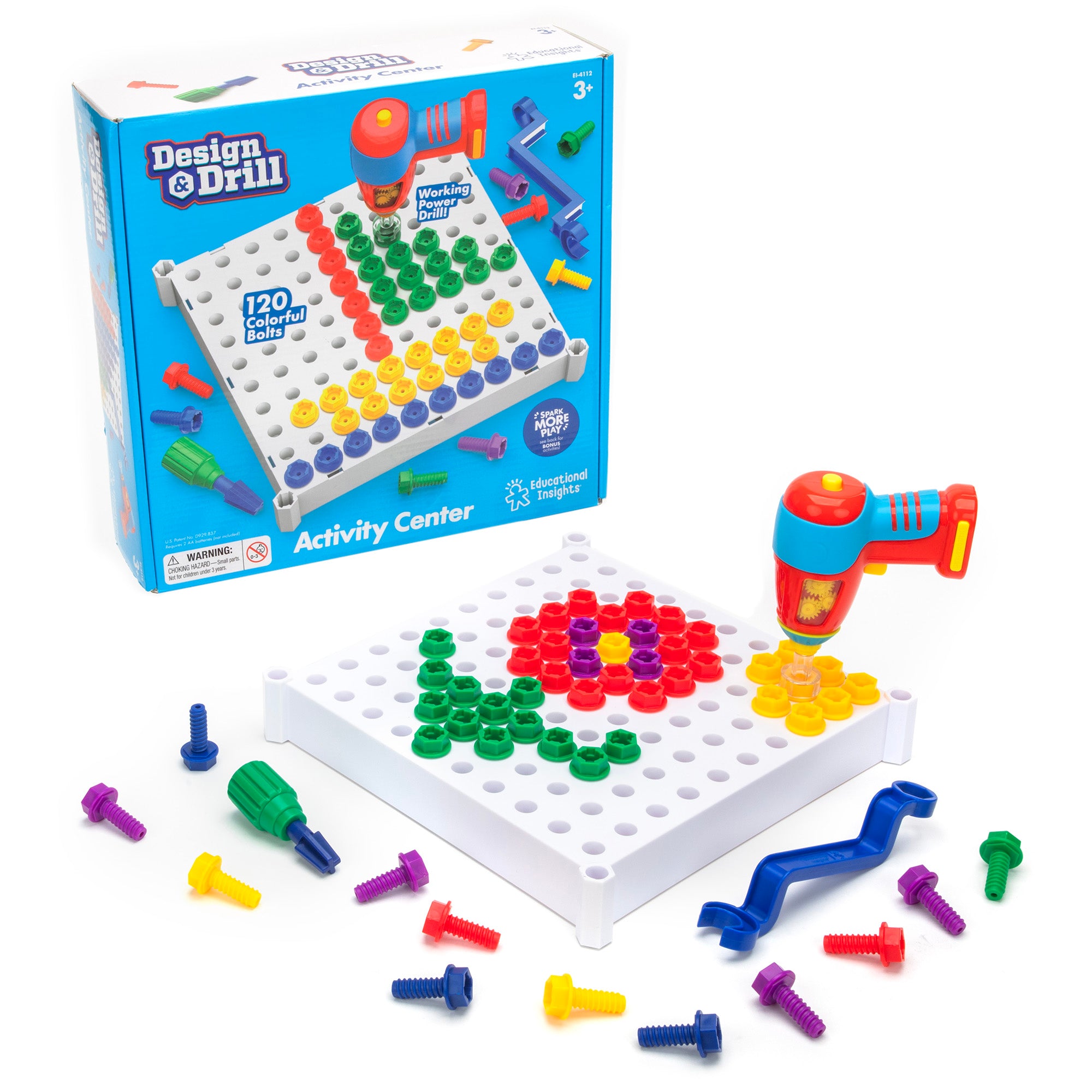 مركز أنشطة التصميم والتدريب من Learning Resources، لعبة بناء STEM مع مثقاب كهربائي ومسامير وبطاقات تصميم، للأعمار من 3 سنوات فما فوق